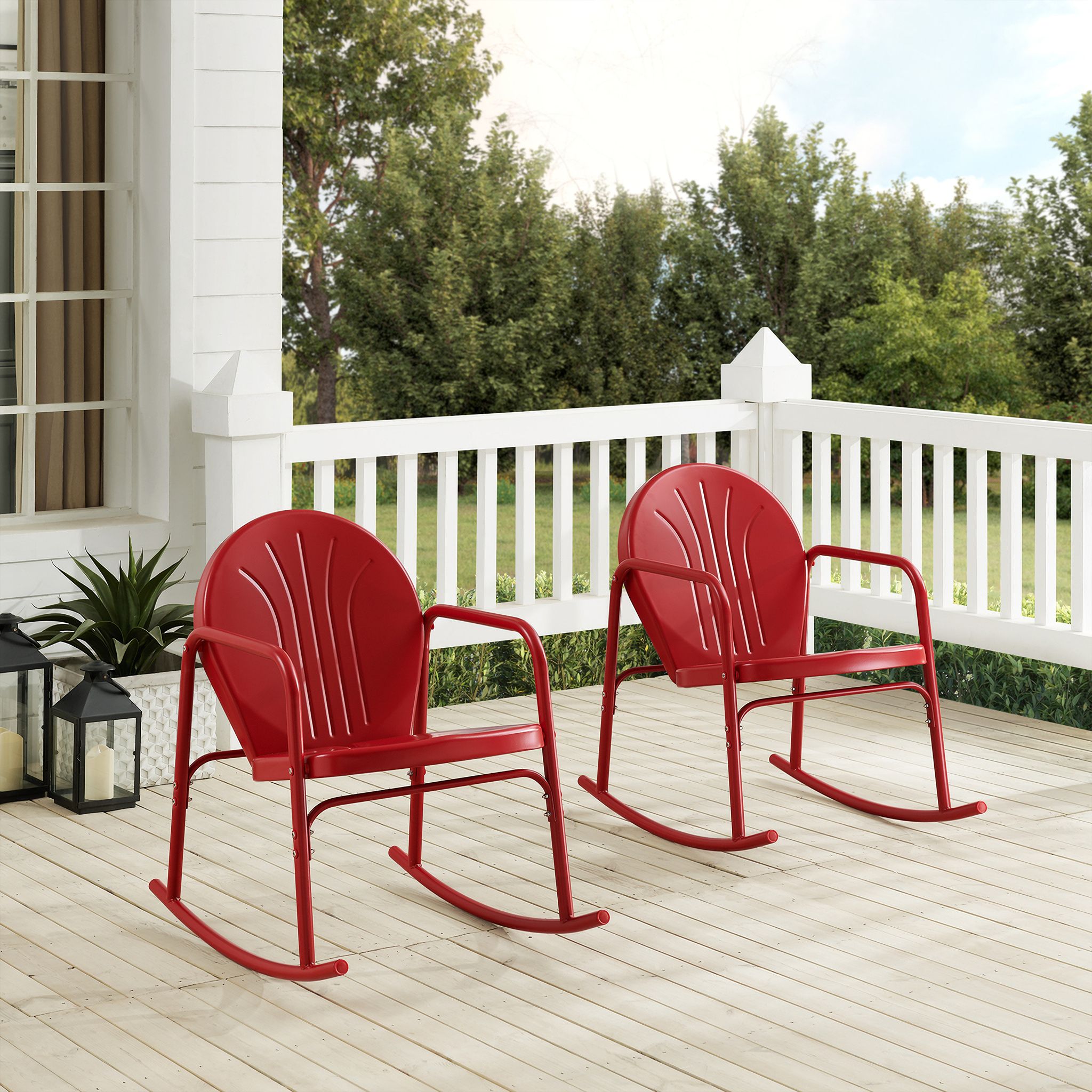 The appearance of Griffith Retro Outdoor Rocking Chair Set of 2 In Bright Red Gloss designed by Crosley Brands in the transitional interior design. This red piece of furniture was selected by 1StopBedrooms from Griffith Collection to add a touch of cosiness and style into your home. Sku: CO1013-RE. Material: Steel.