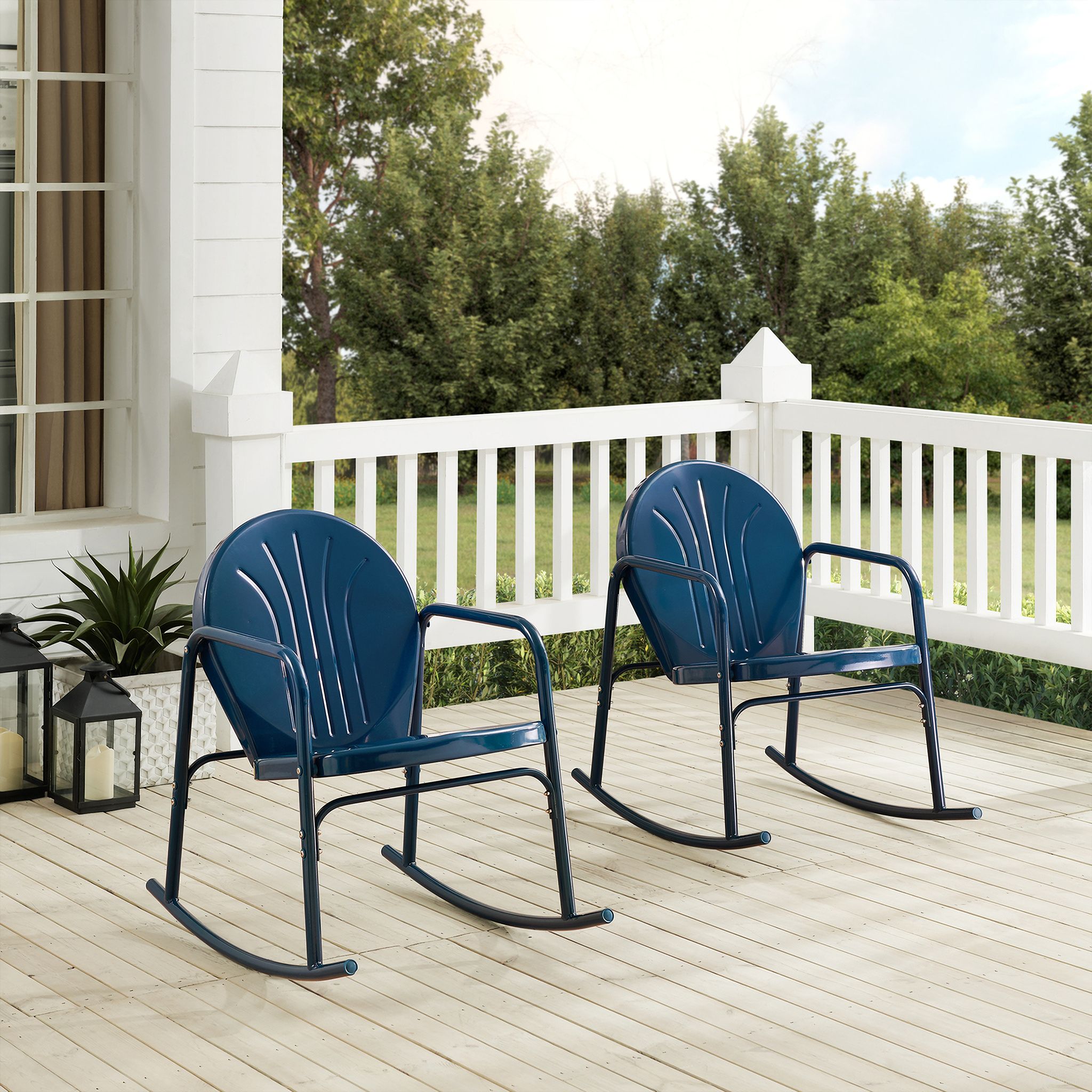 The appearance of Griffith Retro Outdoor Rocking Chair Set of 2 In Navy Gloss designed by Crosley Brands in the transitional interior design. This navy piece of furniture was selected by 1StopBedrooms from Griffith Collection to add a touch of cosiness and style into your home. Sku: CO1013-NV. Material: Steel.