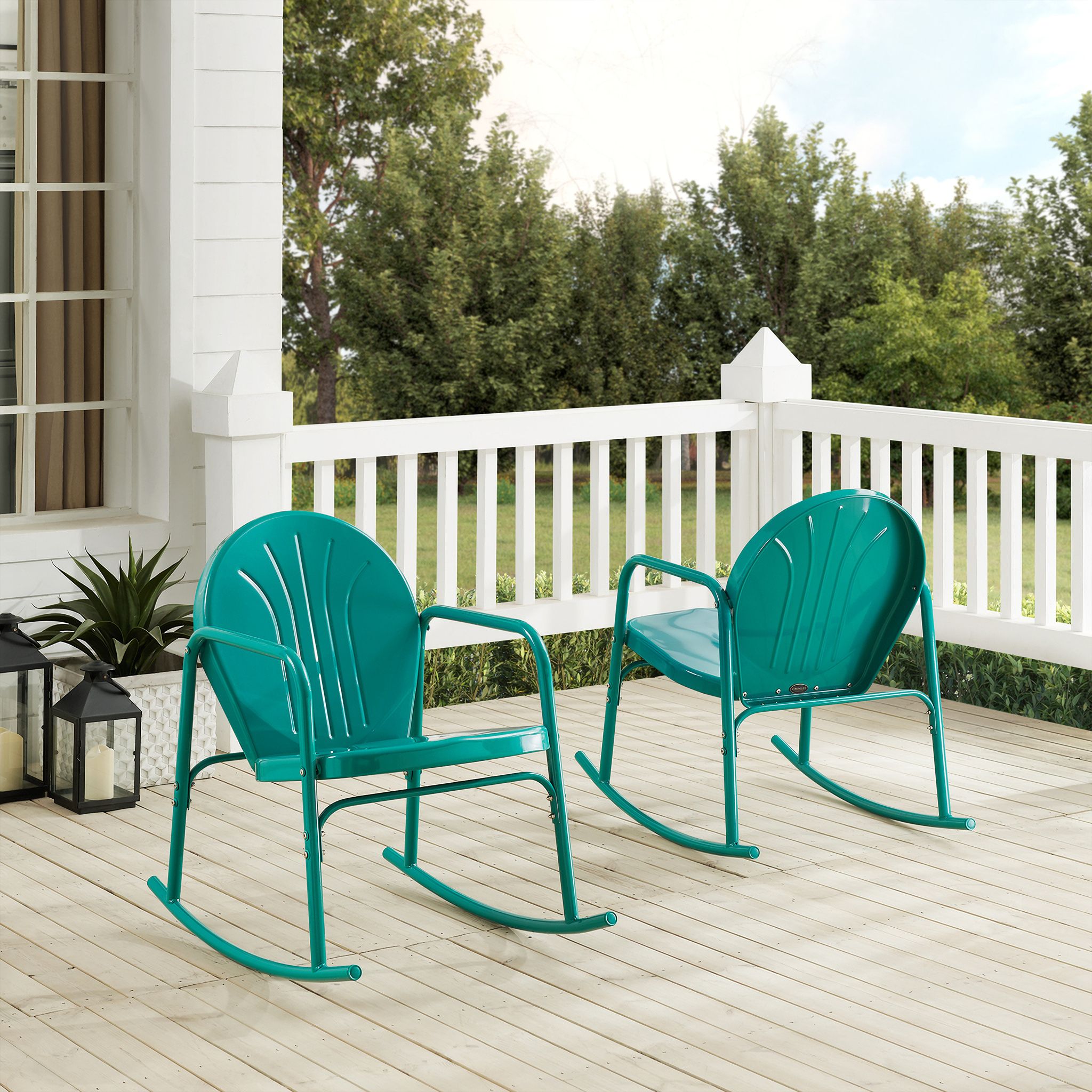 The appearance of Griffith Retro Outdoor Rocking Chair Set of 2 In Turquoise Gloss designed by Crosley Brands in the transitional interior design. This turquoise piece of furniture was selected by 1StopBedrooms from Griffith Collection to add a touch of cosiness and style into your home. Sku: CO1013-TU. Material: Steel.