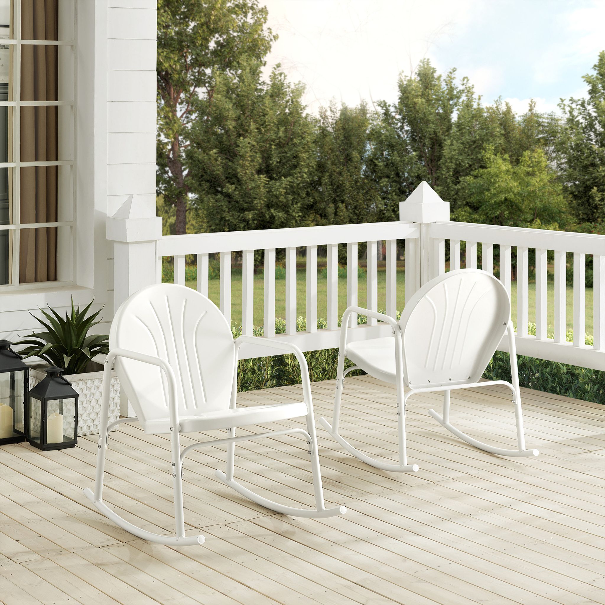 The appearance of Griffith Retro Outdoor Rocking Chair Set of 2 In White Gloss designed by Crosley Brands in the transitional interior design. This white gloss piece of furniture was selected by 1StopBedrooms from Griffith Collection to add a touch of cosiness and style into your home. Sku: CO1013-WH. Material: Steel.