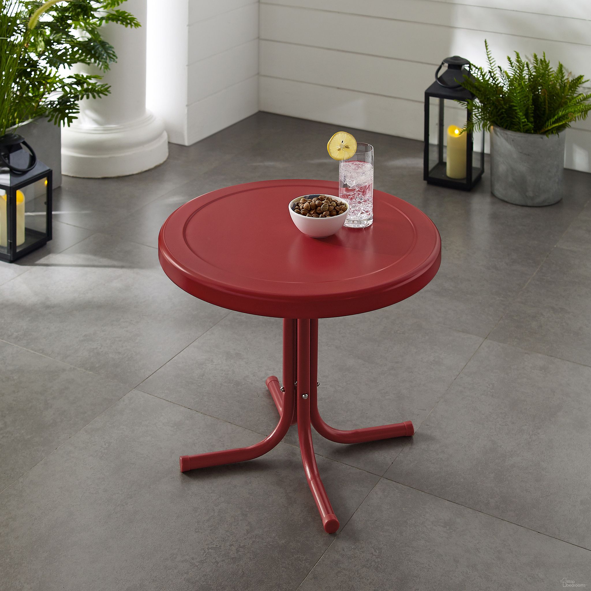 Griffith Retro Outdoor Side Table In Dark Red Satin