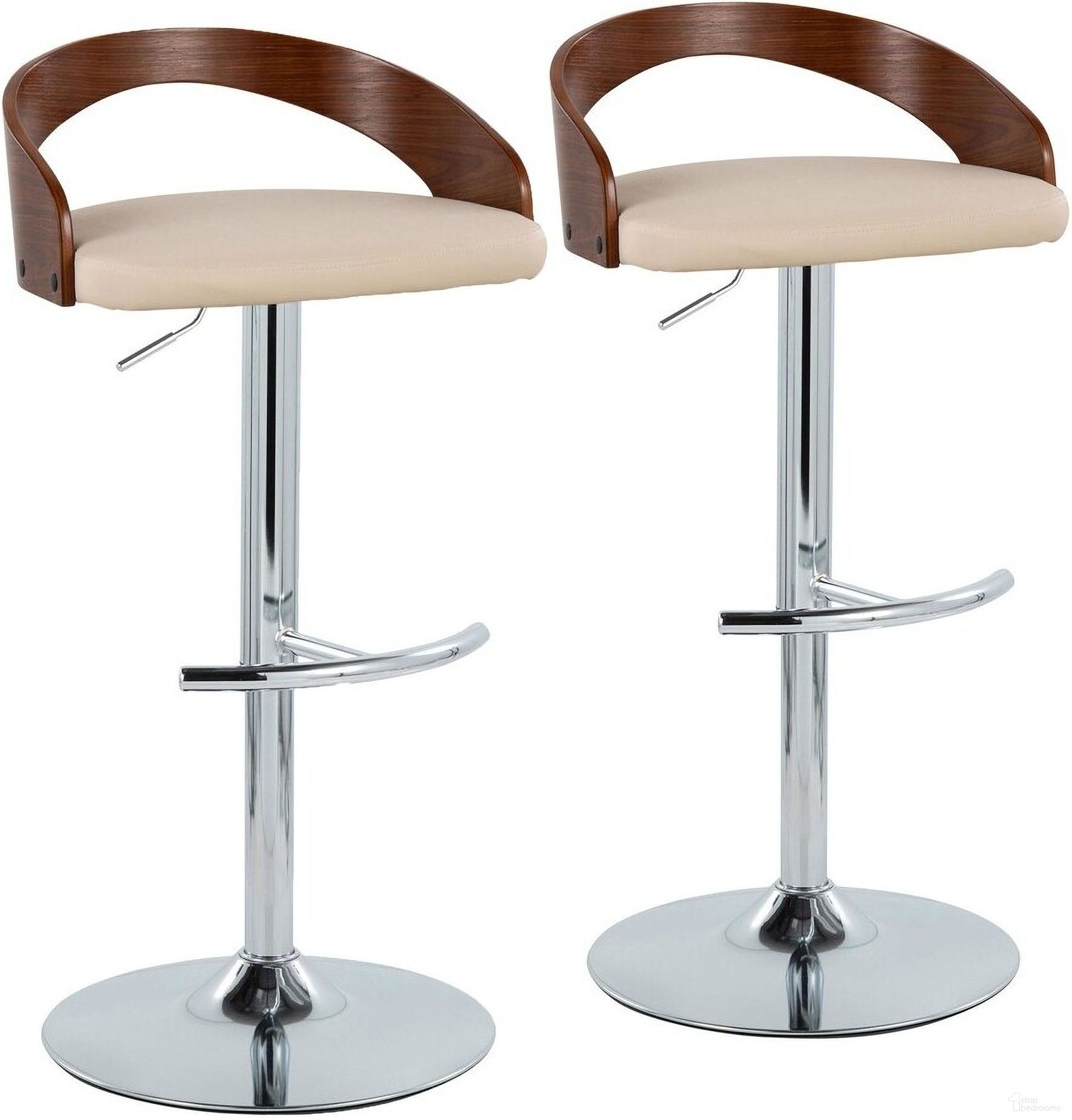 The appearance of Grotto Adjustable Barstool Set of 2 In Cream/Chrome designed by Lumisource in the modern / contemporary interior design. This cream piece of furniture  was selected by 1StopBedrooms from Grotto Collection to add a touch of cosiness and style into your home. Sku: BS-GROTTOPU-RT2 CHRWLCR2. Material: Wood.