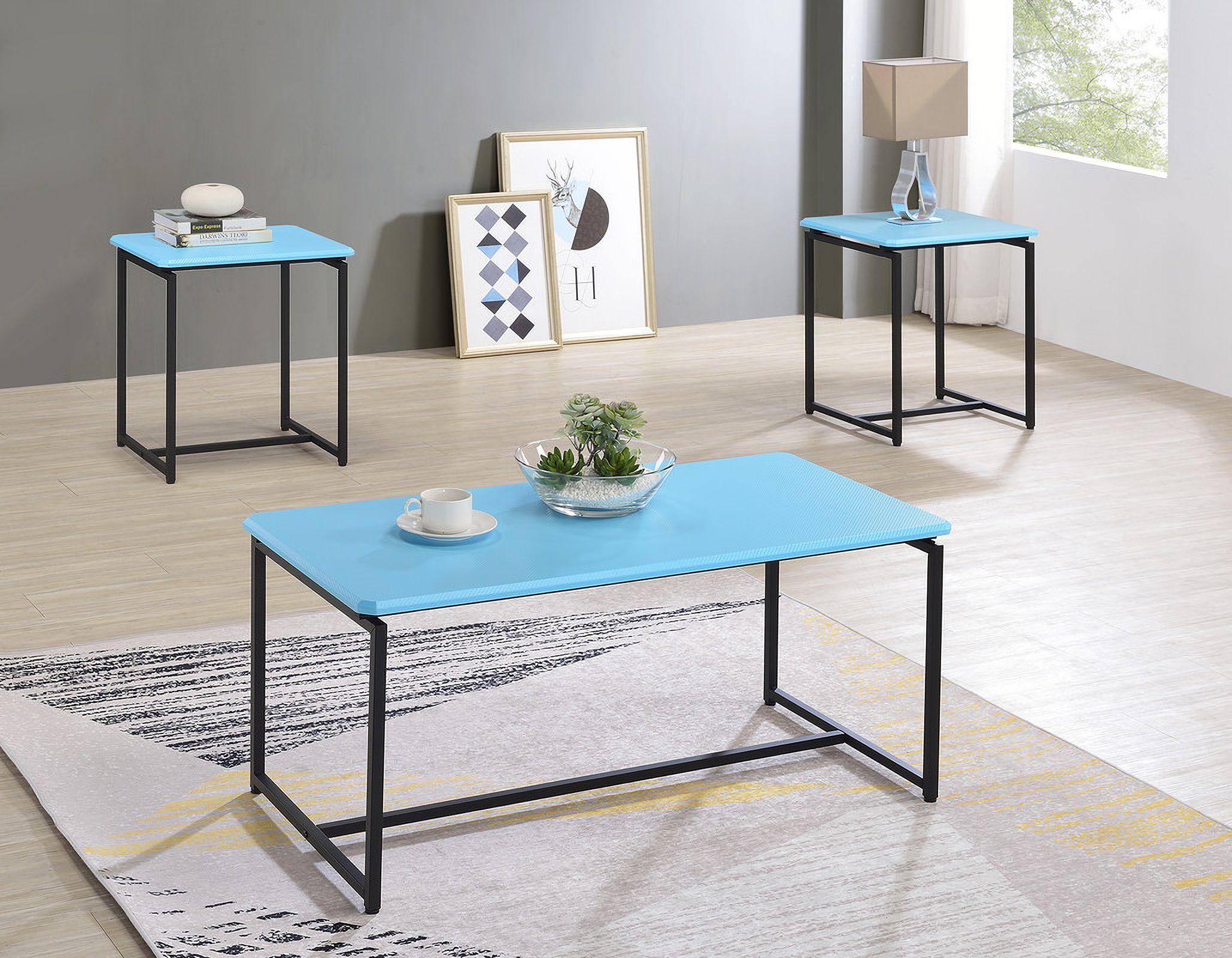 Gt 3 Piece Carbon Fiber Wrap 39.5 Inch Coffee Table and End Table Set In Blue