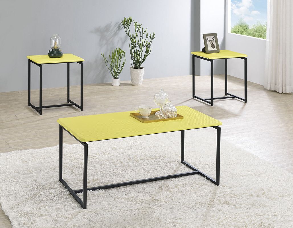 Gt 3 Piece Carbon Fiber Wrap 39.5 Inch Coffee Table and End Table Set In Yellow