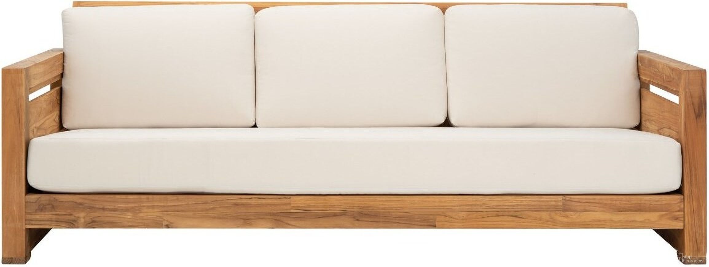 The appearance of Guadeloupe Teak 3-Seat Sofa In Natural And White designed by Safavieh Couture in the modern / contemporary interior design. This natural and white piece of furniture was selected by 1StopBedrooms from Guadeloupe Collection to add a touch of cosiness and style into your home. Sku: CPT1008A. Material: Wood.