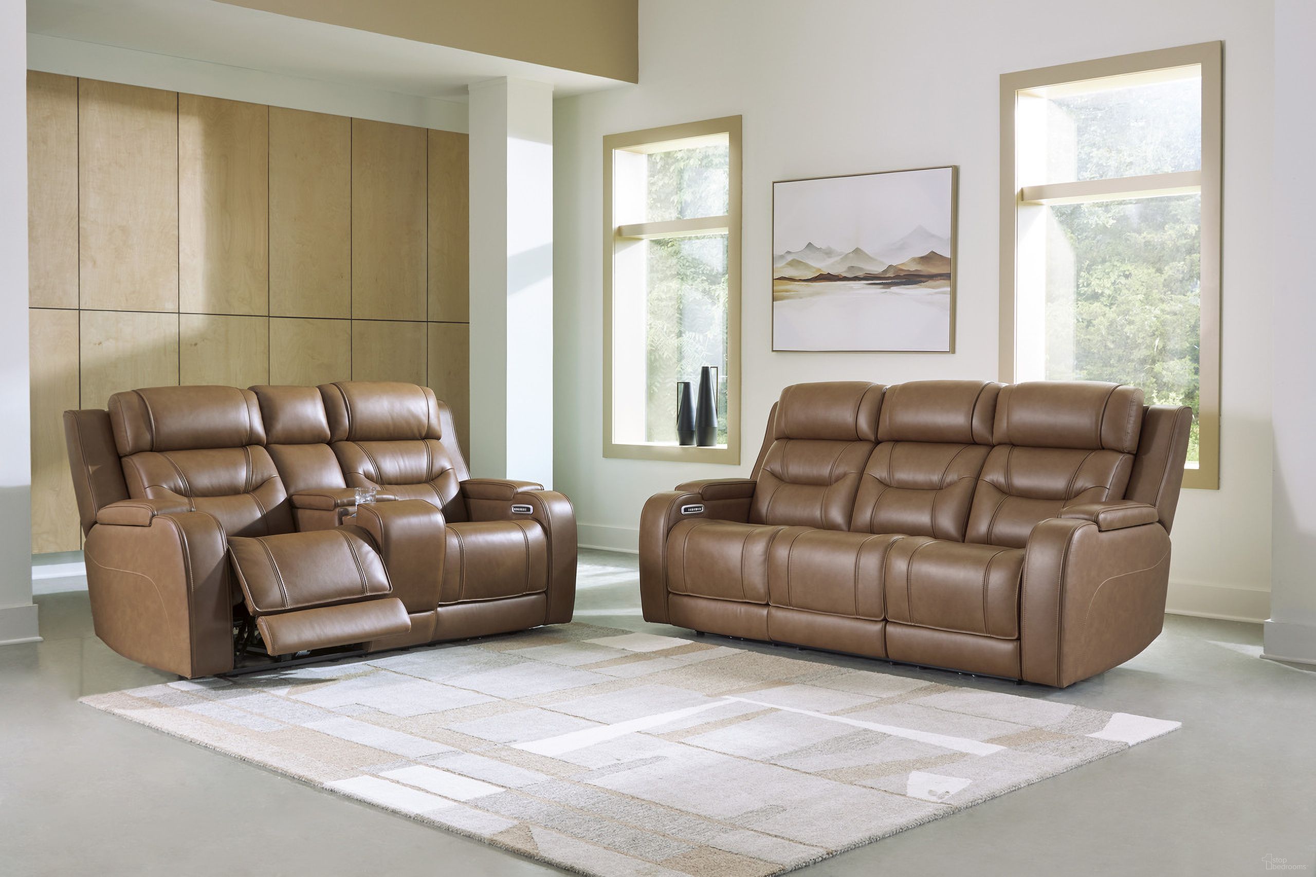 The appearance of Guru Power Reclining Living Room Set with Audio Seating In Caramel designed by Signature Design by Ashley in the modern / contemporary interior design. This caramel piece of furniture  was selected by 1StopBedrooms from Guru Collection to add a touch of cosiness and style into your home. Sku: NCU1160015A;NCU1160018A. Material: Leather Match.
