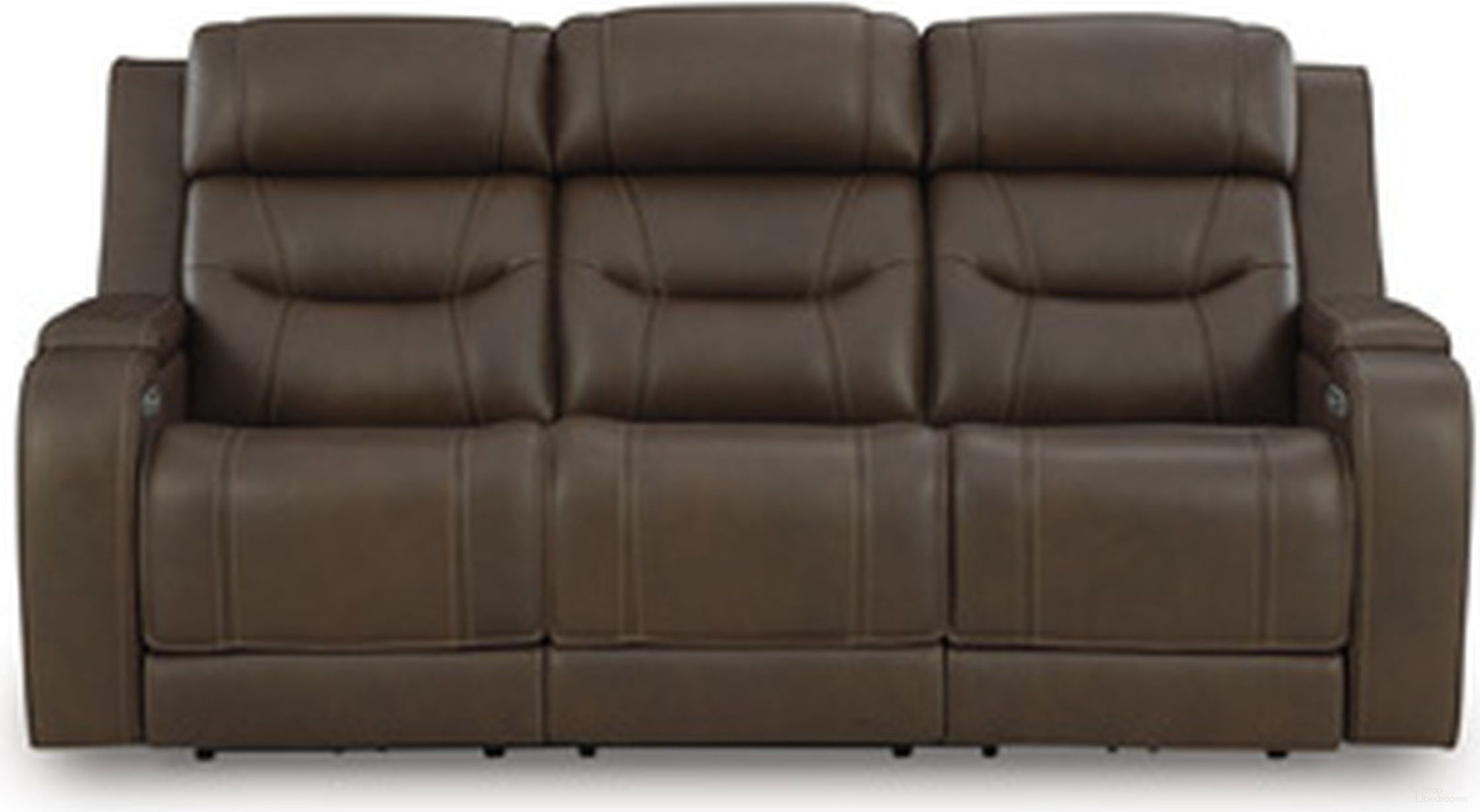 The appearance of Guru Power Reclining Sofa with Audio Seating In Brown designed by Signature Design by Ashley in the modern / contemporary interior design. This brown piece of furniture was selected by 1StopBedrooms from Guru Collection to add a touch of cosiness and style into your home. Sku: NCU1160215A. Material: Leather Match.