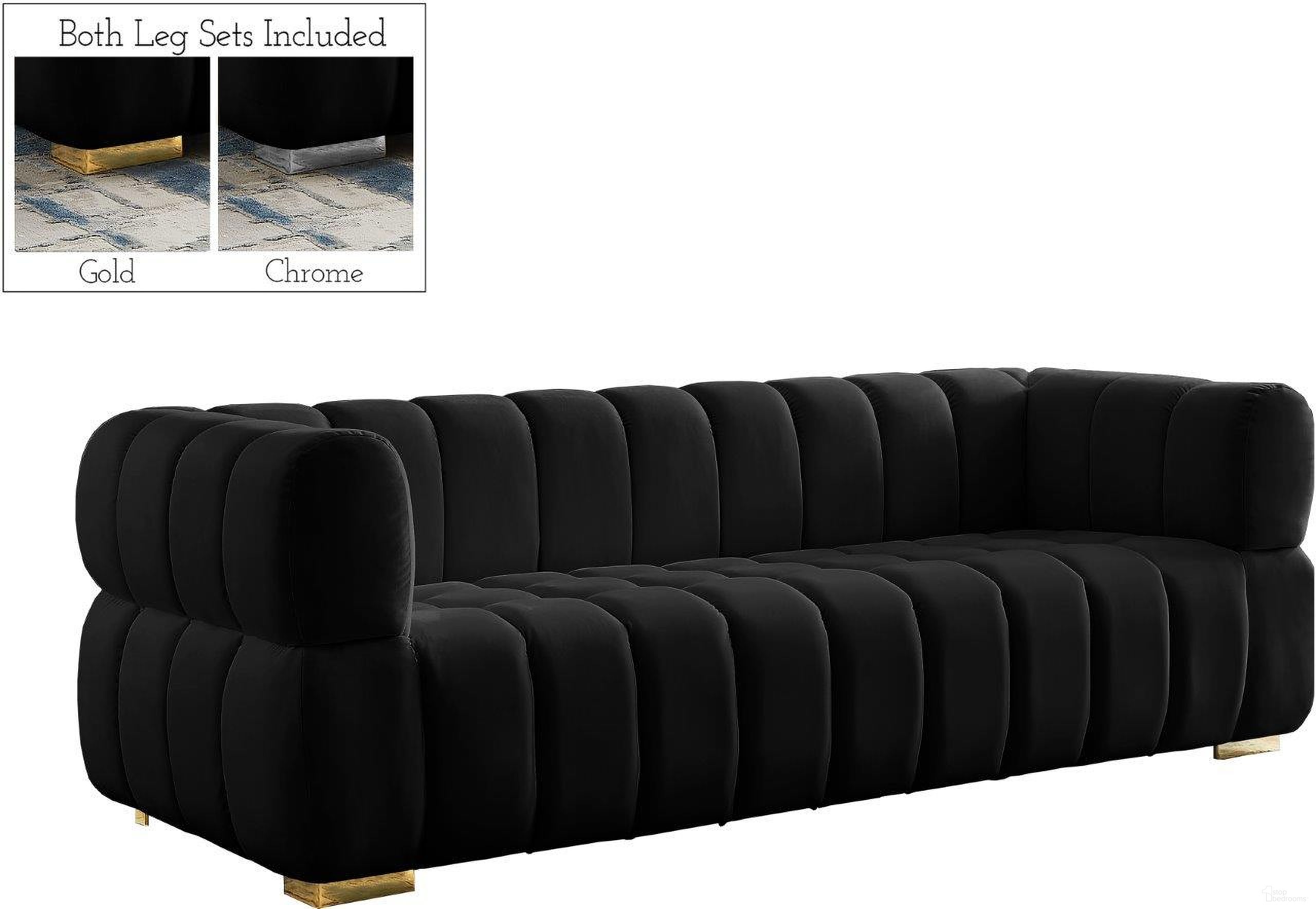 The appearance of Gwen Velvet Sofa In Black designed by Meridian in the modern / contemporary interior design. This black piece of furniture was selected by 1StopBedrooms from Gwen Collection to add a touch of cosiness and style into your home. Sku: 670Black-S. Material: Velvet.