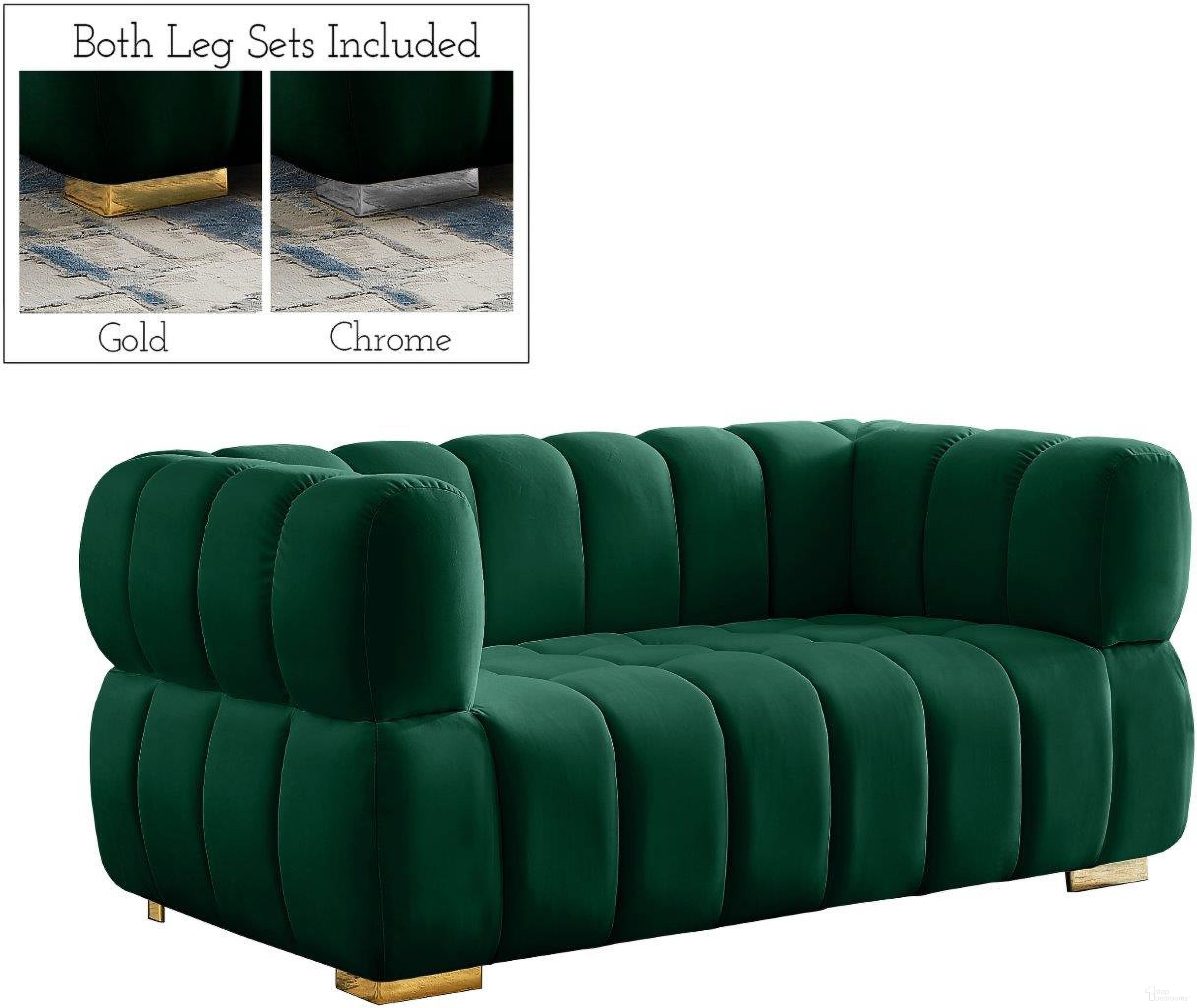 The appearance of Gwen Velvet Loveseat In Green designed by Meridian in the modern / contemporary interior design. This green piece of furniture was selected by 1StopBedrooms from Gwen Collection to add a touch of cosiness and style into your home. Sku: 670Green-L. Material: Velvet.
