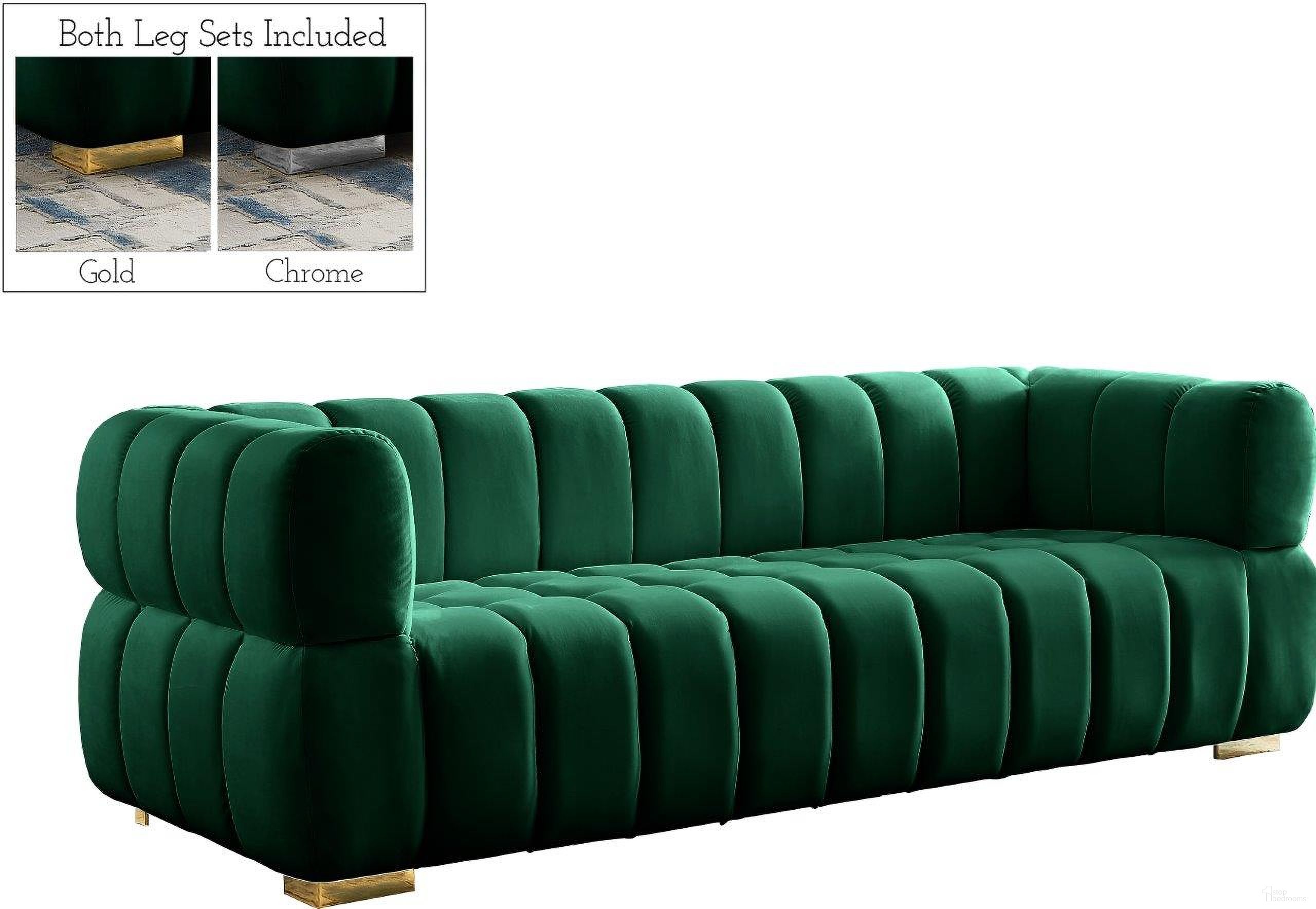 The appearance of Gwen Velvet Sofa In Green designed by Meridian in the modern / contemporary interior design. This green piece of furniture was selected by 1StopBedrooms from Gwen Collection to add a touch of cosiness and style into your home. Sku: 670Green-S. Material: Velvet.
