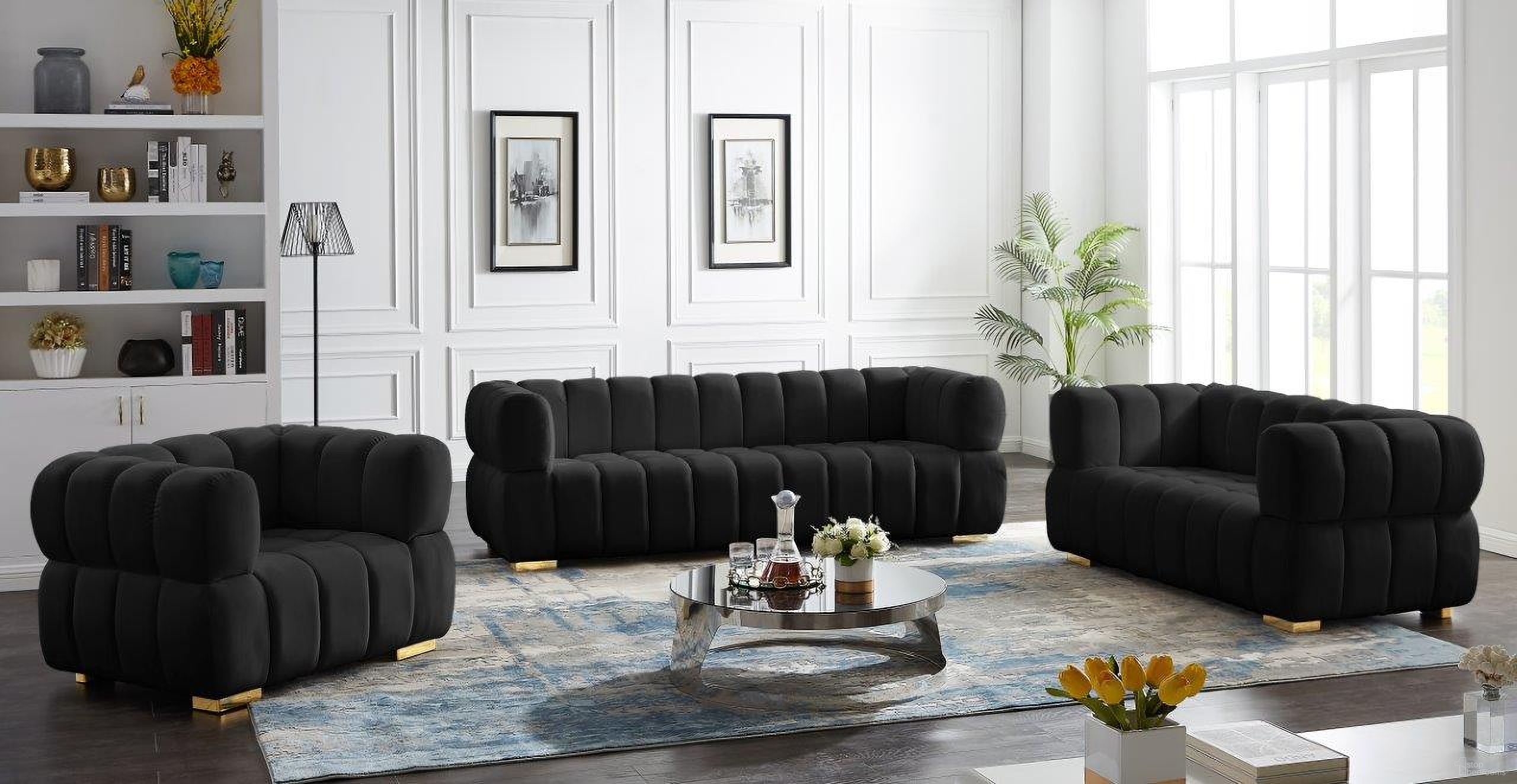 The appearance of Gwen Living Room Set In Black designed by Meridian in the modern / contemporary interior design. This black piece of furniture was selected by 1StopBedrooms from Gwen Collection to add a touch of cosiness and style into your home. Sku: 670Black-S;670Black-L. Material: Velvet.