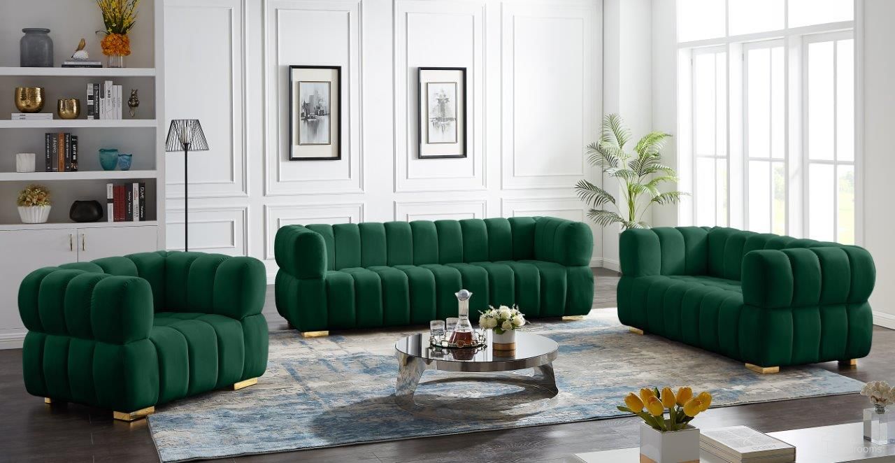 The appearance of Gwen Living Room Set In Green designed by Meridian in the modern / contemporary interior design. This green piece of furniture was selected by 1StopBedrooms from Gwen Collection to add a touch of cosiness and style into your home. Sku: 670Green-S;670Green-L. Material: Velvet.