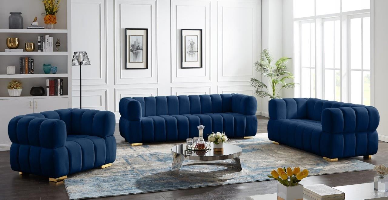 The appearance of Gwen Living Room Set In Navy designed by Meridian in the modern / contemporary interior design. This navy piece of furniture was selected by 1StopBedrooms from Gwen Collection to add a touch of cosiness and style into your home. Sku: 670Navy-S;670Navy-L. Material: Velvet.