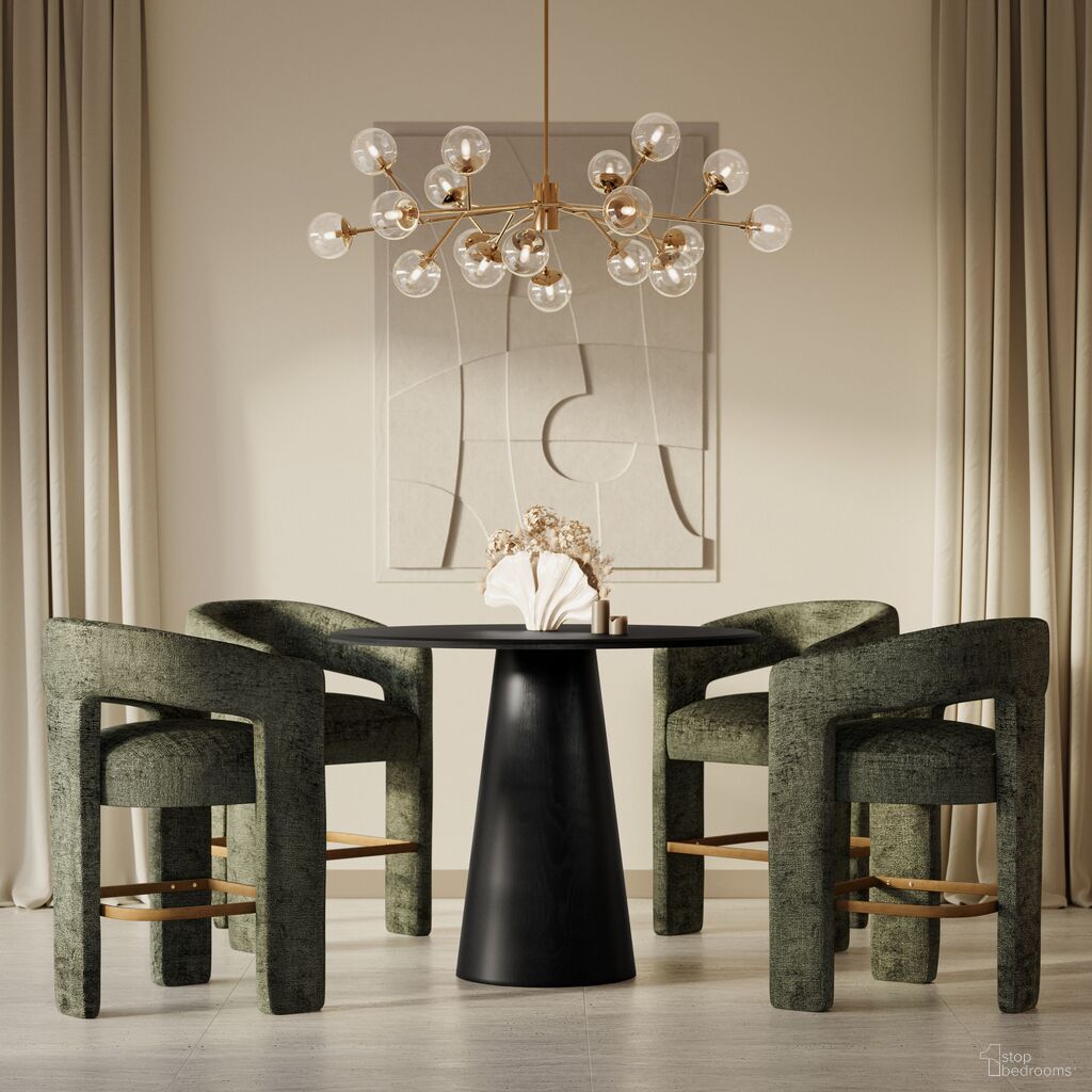 The appearance of Gwen Luxury Five Piece Counter Height Dining Set with Upholstered Barstools In Forest and Black designed by Jofran in the transitional interior design. This forest piece of furniture  was selected by 1StopBedrooms from Gwen Collection to add a touch of cosiness and style into your home. Sku: 2271-NASH45TBLK;2271-NASH45BBLK;2271-GWENSTFOR;2271-GWENSTFOR;2271-GWENSTFOR;2271-GWENSTFOR. Table Base Style: Pedestal. Table Top Shape: Round. Material: Acacia.