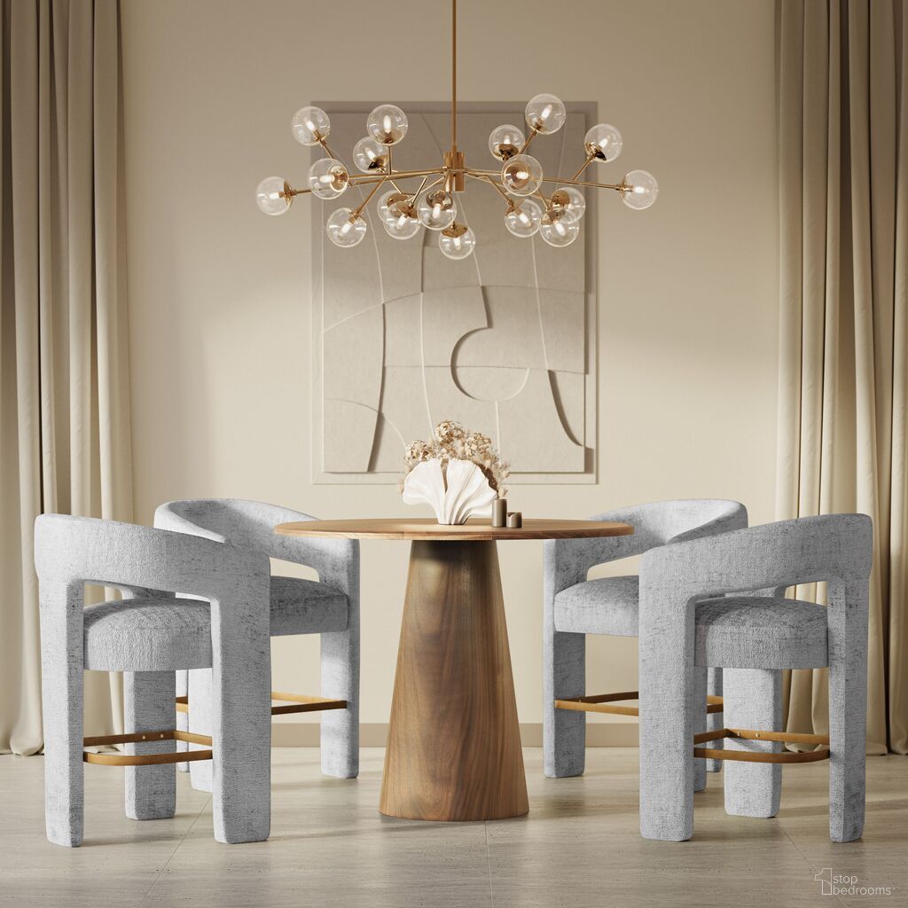 The appearance of Gwen Luxury Five Piece Counter Height Dining Set with Upholstered Barstools In Gray and Natural designed by Jofran in the transitional interior design. This gray piece of furniture  was selected by 1StopBedrooms from Gwen Collection to add a touch of cosiness and style into your home. Sku: 2271-NASH45TW;2271-NASH45BW;2271-GWENSTGRY;2271-GWENSTGRY;2271-GWENSTGRY;2271-GWENSTGRY. Table Base Style: Pedestal. Table Top Shape: Round. Material: Acacia.