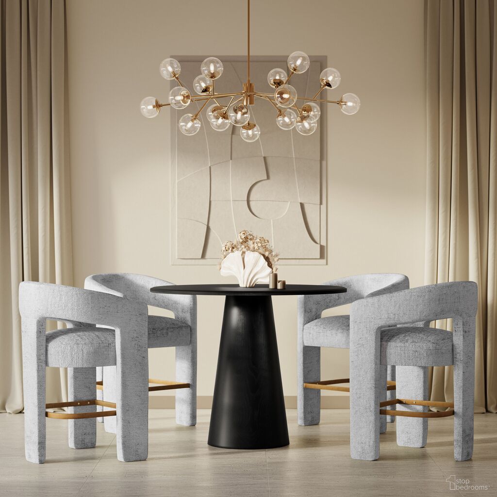 The appearance of Gwen Luxury Five Piece Counter Height Dining Set with Upholstered Barstools In Gray and Black designed by Jofran in the transitional interior design. This gray piece of furniture  was selected by 1StopBedrooms from Gwen Collection to add a touch of cosiness and style into your home. Sku: 2271-NASH45TBLK;2271-NASH45BBLK;2271-GWENSTGRY;2271-GWENSTGRY;2271-GWENSTGRY;2271-GWENSTGRY. Table Base Style: Pedestal. Table Top Shape: Round. Material: Acacia.