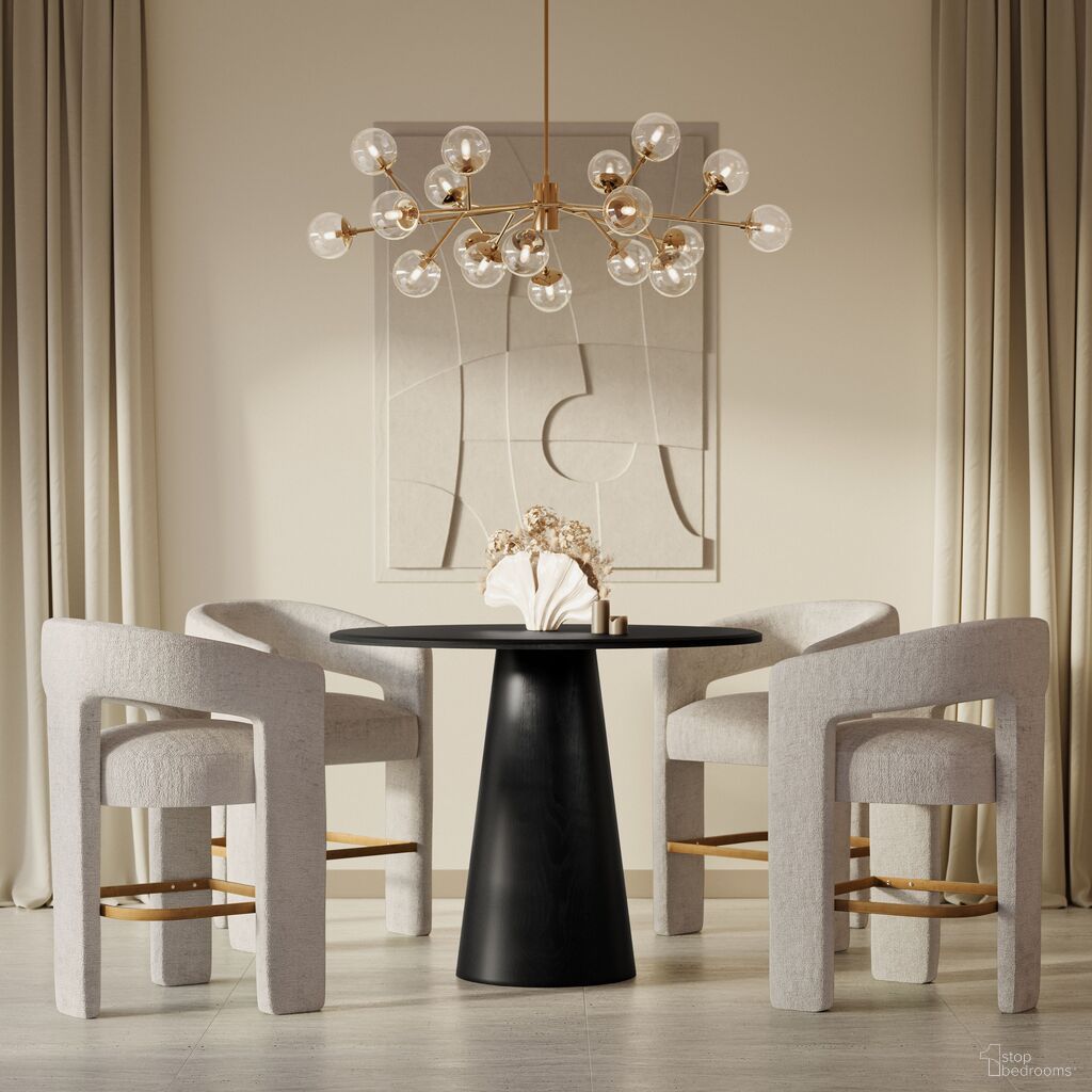 The appearance of Gwen Luxury Five Piece Counter Height Dining Set with Upholstered Barstools In Natural and Black designed by Jofran in the transitional interior design. This natural piece of furniture was selected by 1StopBedrooms from Gwen Collection to add a touch of cosiness and style into your home. Sku: 2271-NASH45TBLK;2271-NASH45BBLK;2271-GWENSTNAT;2271-GWENSTNAT;2271-GWENSTNAT;2271-GWENSTNAT. Table Base Style: Pedestal. Table Top Shape: Round. Material: Acacia.