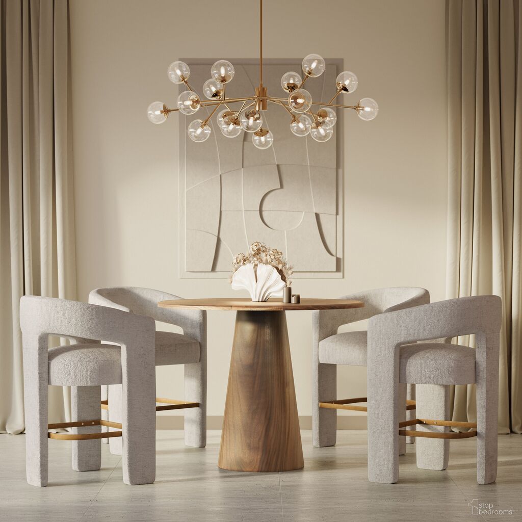 The appearance of Gwen Luxury Five Piece Counter Height Dining Set with Upholstered Barstools In Natural designed by Jofran in the transitional interior design. This natural piece of furniture was selected by 1StopBedrooms from Gwen Collection to add a touch of cosiness and style into your home. Sku: 2271-NASH45TW;2271-NASH45BW;2271-GWENSTNAT;2271-GWENSTNAT;2271-GWENSTNAT;2271-GWENSTNAT. Table Base Style: Pedestal. Table Top Shape: Round. Material: Acacia.