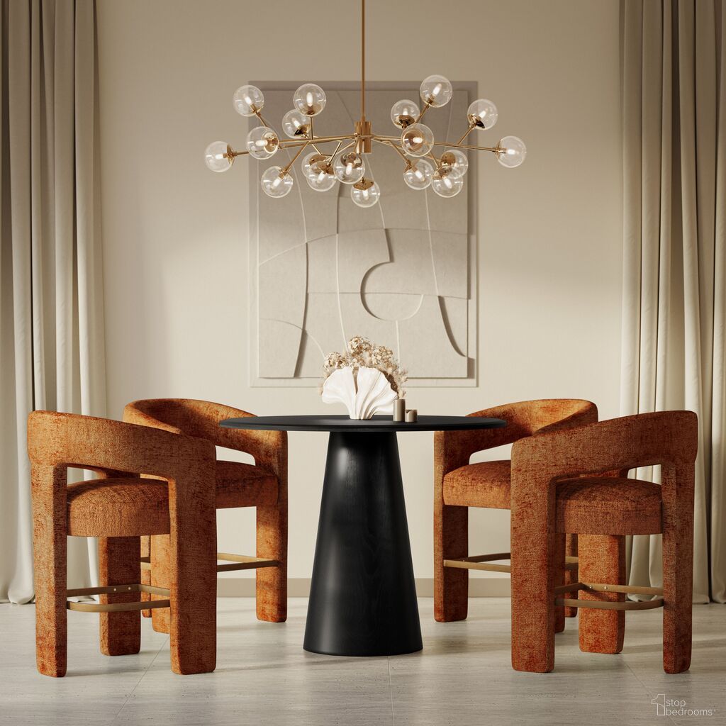 The appearance of Gwen Luxury Five Piece Counter Height Dining Set with Upholstered Barstools In Rust and Black designed by Jofran in the transitional interior design. This rust piece of furniture was selected by 1StopBedrooms from Gwen Collection to add a touch of cosiness and style into your home. Sku: 2271-NASH45TBLK;2271-NASH45BBLK;2271-GWENSTRST;2271-GWENSTRST;2271-GWENSTRST;2271-GWENSTRST. Table Base Style: Pedestal. Table Top Shape: Round. Material: Acacia.