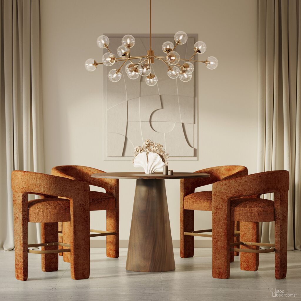 The appearance of Gwen Luxury Five Piece Counter Height Dining Set with Upholstered Barstools In Rust and Natural designed by Jofran in the transitional interior design. This rust piece of furniture was selected by 1StopBedrooms from Gwen Collection to add a touch of cosiness and style into your home. Sku: 2271-NASH45TW;2271-NASH45BW;2271-GWENSTRST;2271-GWENSTRST;2271-GWENSTRST;2271-GWENSTRST. Table Base Style: Pedestal. Table Top Shape: Round. Material: Acacia.