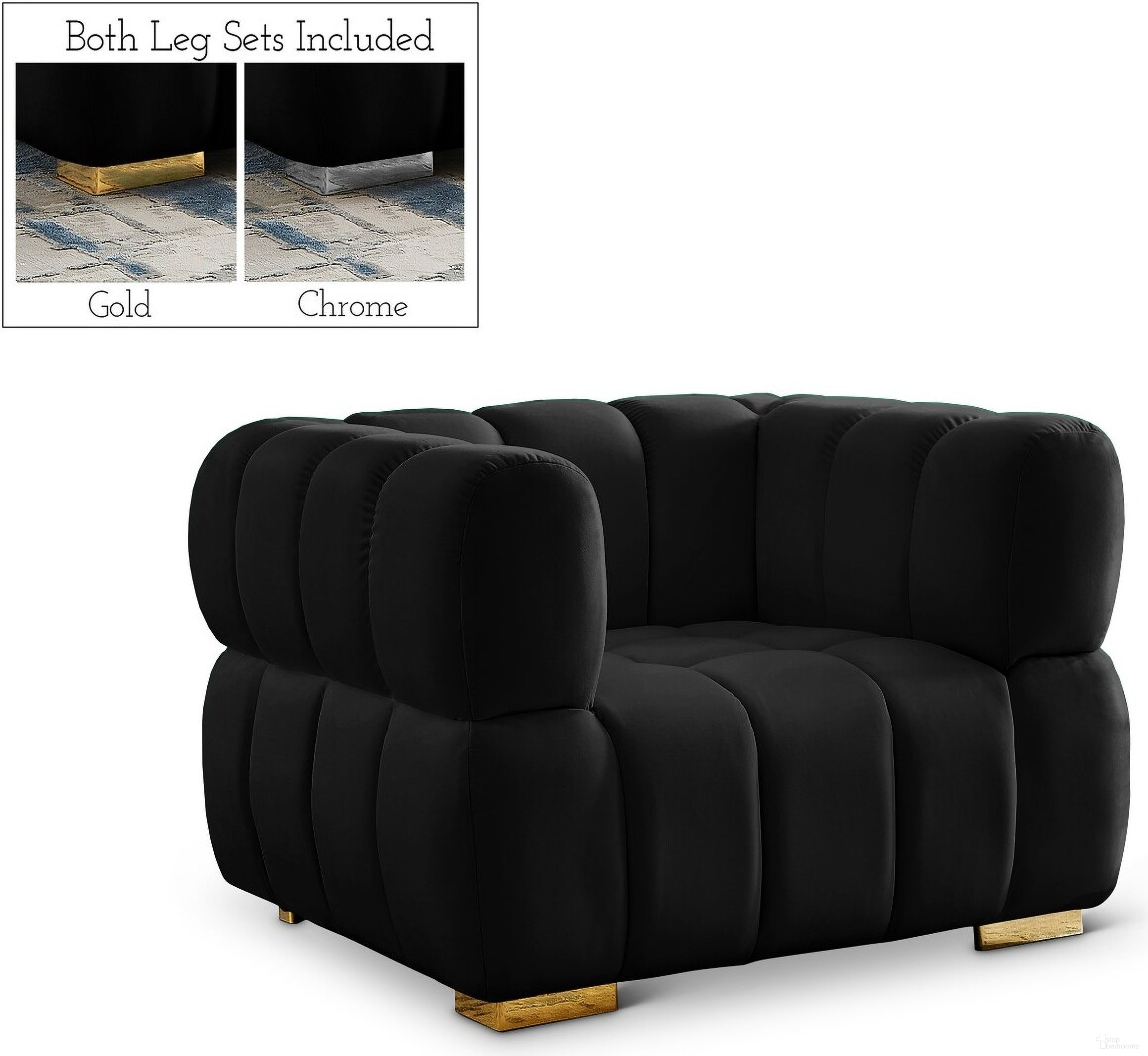 The appearance of Gwen Velvet Chair In Black designed by Meridian in the modern / contemporary interior design. This black piece of furniture was selected by 1StopBedrooms from Gwen Collection to add a touch of cosiness and style into your home. Sku: 670Black-C. Material: Velvet.