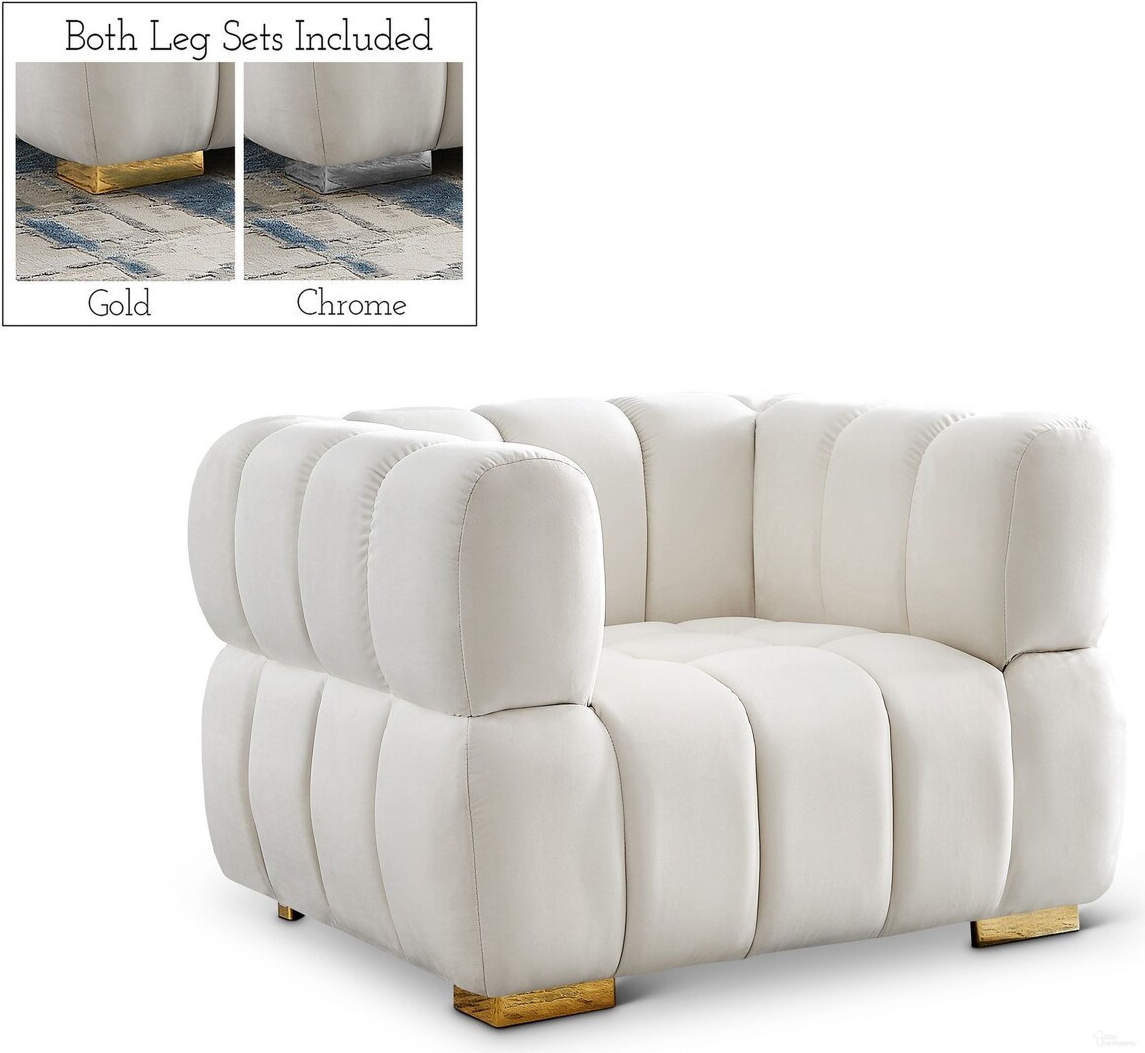 The appearance of Gwen Velvet Chair In Cream designed by Meridian in the modern / contemporary interior design. This cream piece of furniture was selected by 1StopBedrooms from Gwen Collection to add a touch of cosiness and style into your home. Sku: 670Cream-C. Material: Velvet.