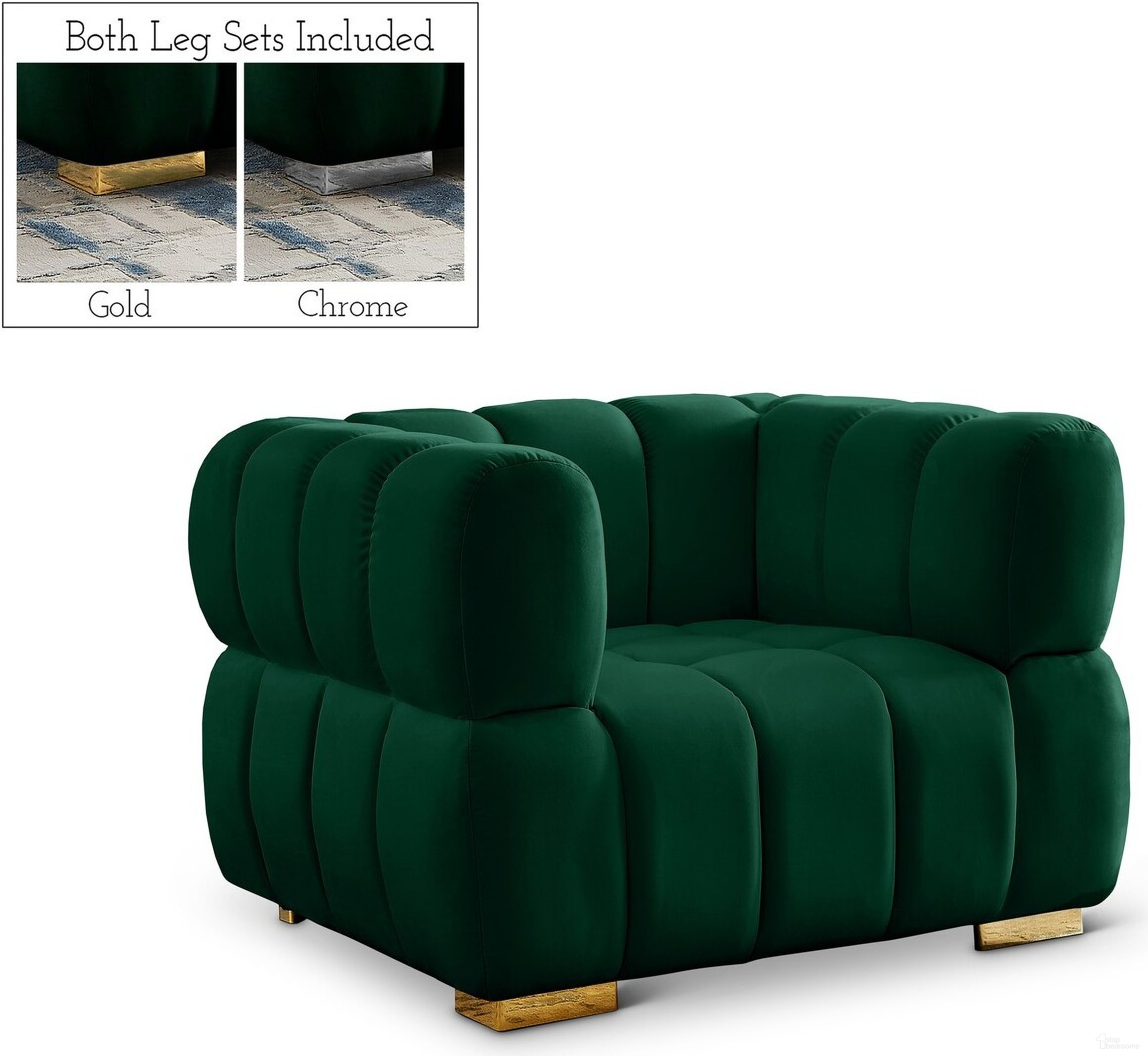 The appearance of Gwen Velvet Chair In Green designed by Meridian in the modern / contemporary interior design. This green piece of furniture was selected by 1StopBedrooms from Gwen Collection to add a touch of cosiness and style into your home. Sku: 670Green-C. Material: Velvet.