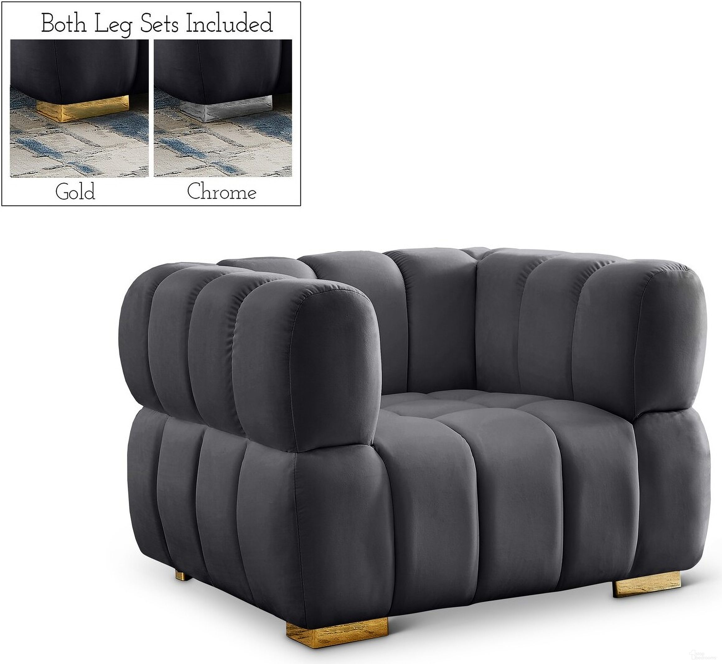 The appearance of Gwen Velvet Chair In Grey designed by Meridian in the modern / contemporary interior design. This grey piece of furniture was selected by 1StopBedrooms from Gwen Collection to add a touch of cosiness and style into your home. Sku: 670Grey-C. Material: Velvet.