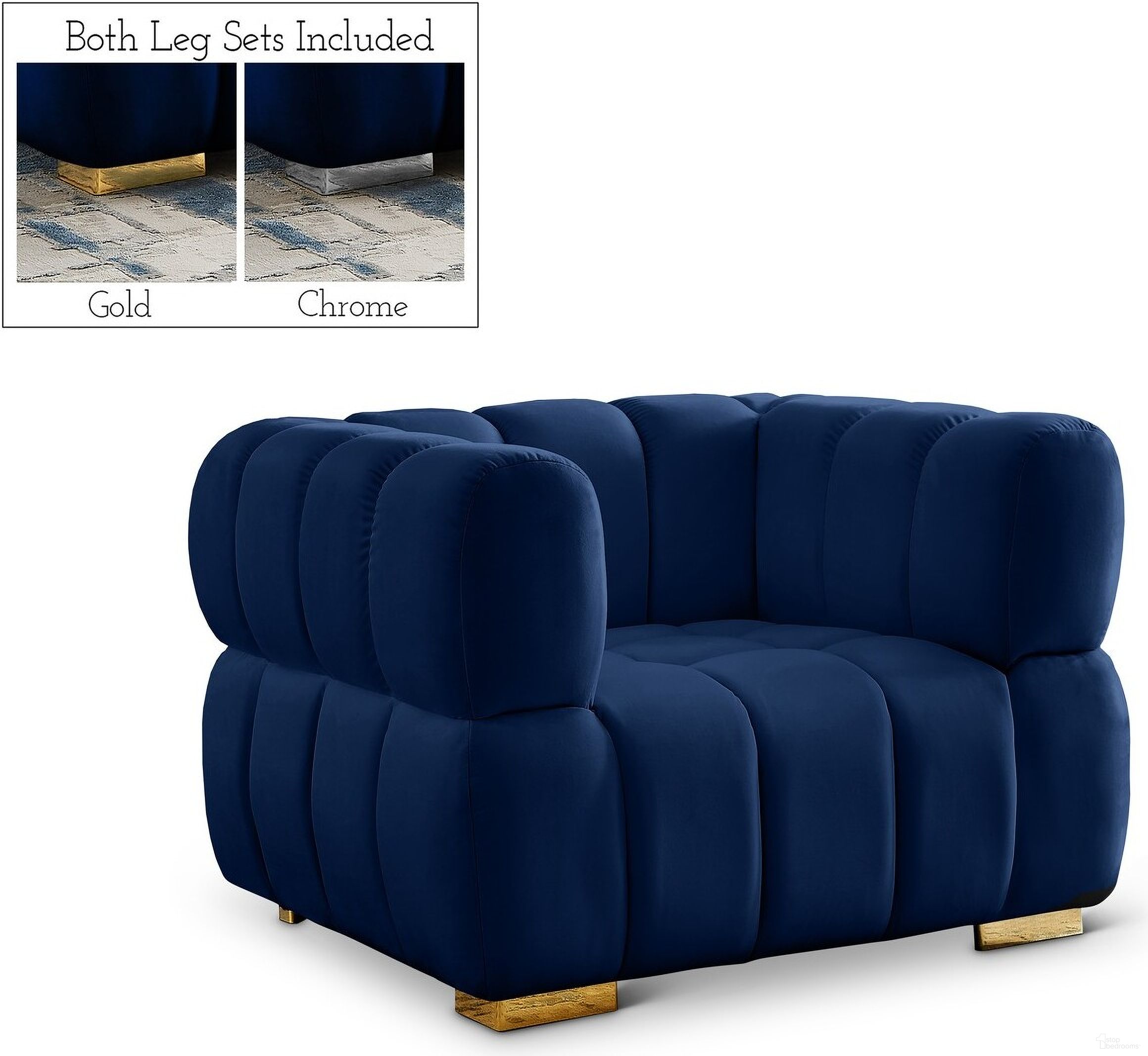 The appearance of Gwen Velvet Chair In Navy designed by Meridian in the modern / contemporary interior design. This navy piece of furniture was selected by 1StopBedrooms from Gwen Collection to add a touch of cosiness and style into your home. Sku: 670Navy-C. Material: Velvet.
