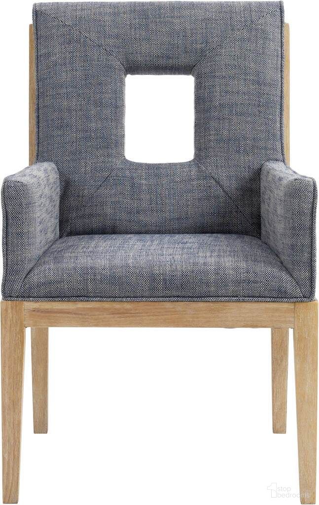 Gwendolyn Linen Textured Fabric Dining Arm Chair In Navy and Natural