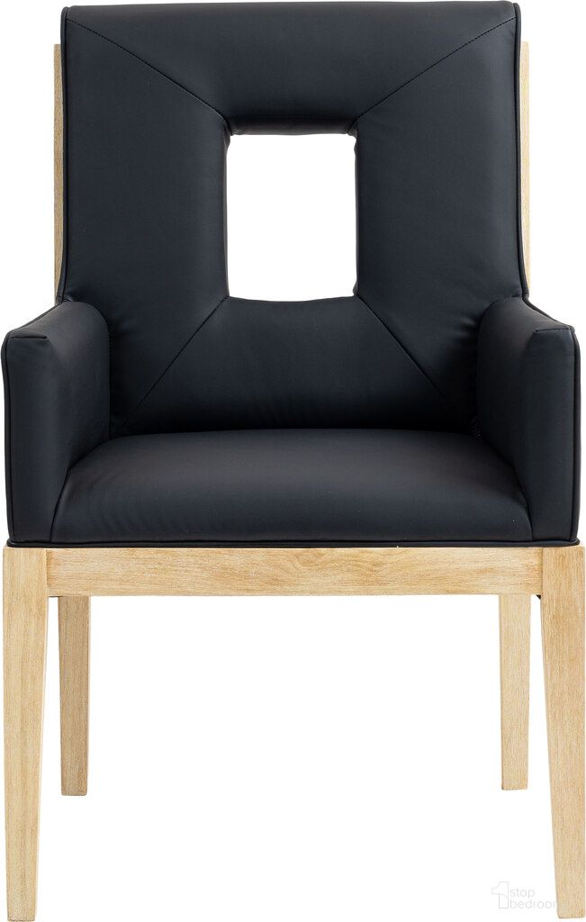 The appearance of Gwendolyn Vegan Leather Dining Arm Chair In Black designed by Meridian in the transitional interior design. This black piece of furniture was selected by 1StopBedrooms from Gwendolyn Collection to add a touch of cosiness and style into your home. Sku: 11046Black-AC. Chair Type: Arm Chair. Material: Vegan Leather.