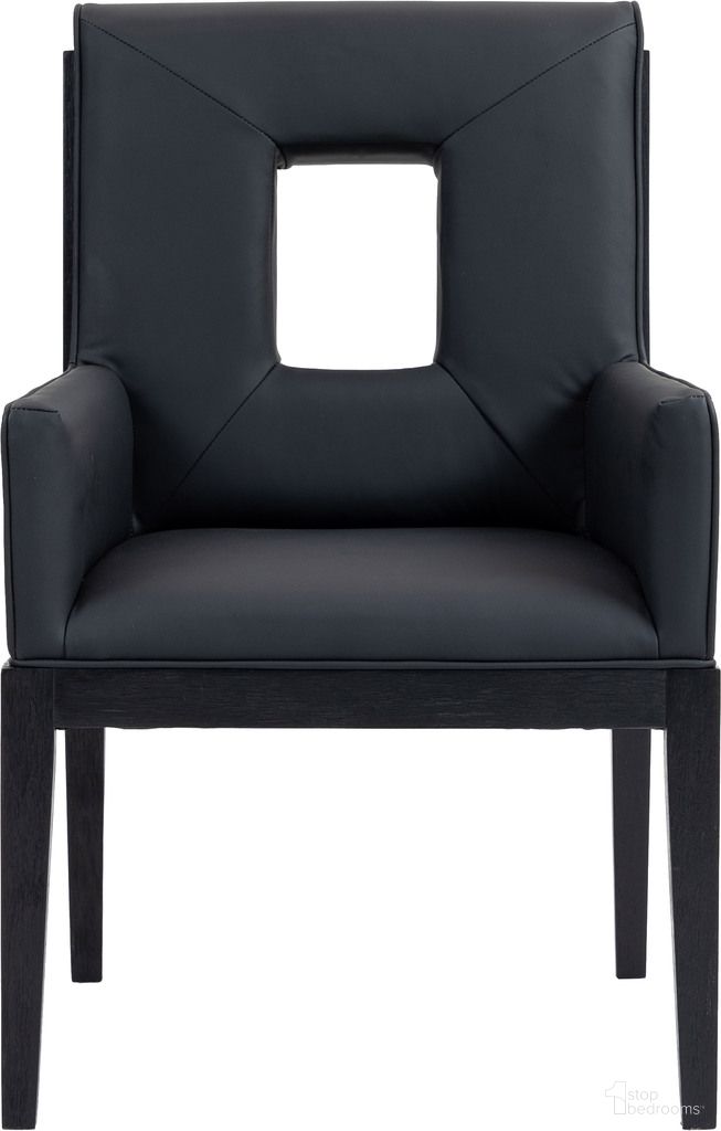 The appearance of Gwendolyn Vegan Leather Dining Arm Chair In Black designed by Meridian in the transitional interior design. This black piece of furniture was selected by 1StopBedrooms from Gwendolyn Collection to add a touch of cosiness and style into your home. Sku: 11048Black-AC. Chair Type: Arm Chair. Material: Vegan Leather.