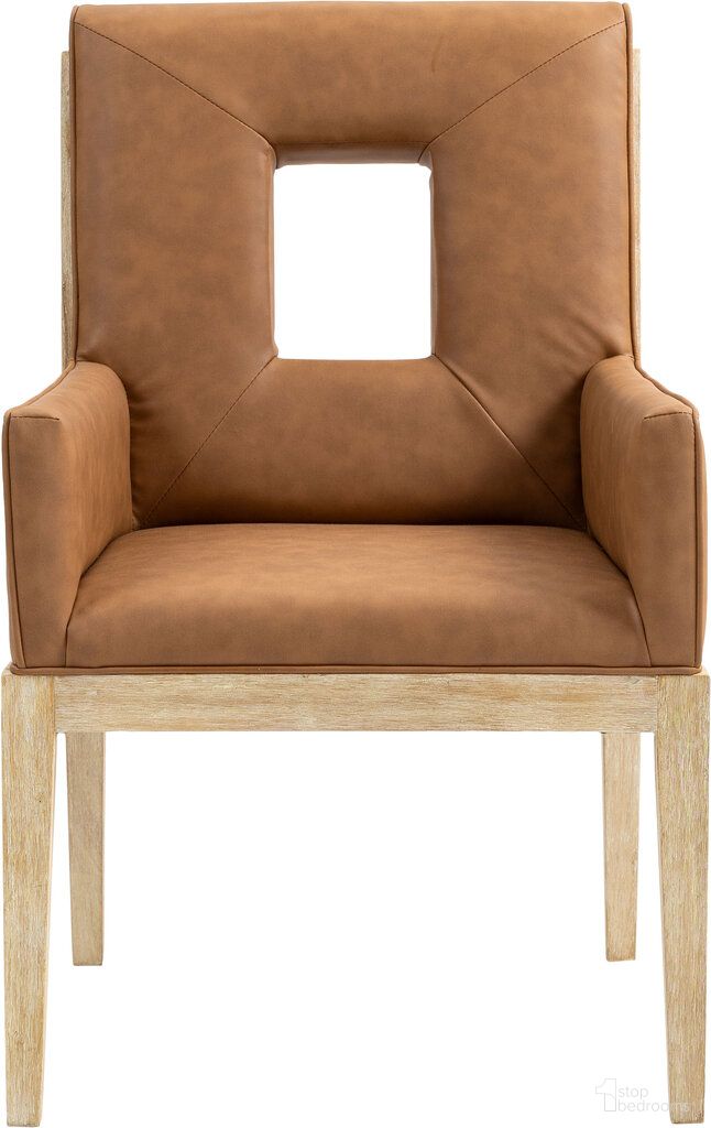 The appearance of Gwendolyn Vegan Leather Dining Arm Chair In Cognac and Black designed by Meridian in the transitional interior design. This cognac and black piece of furniture was selected by 1StopBedrooms from Gwendolyn Collection to add a touch of cosiness and style into your home. Sku: 11046Cognac-AC. Chair Type: Arm Chair. Material: Vegan Leather.