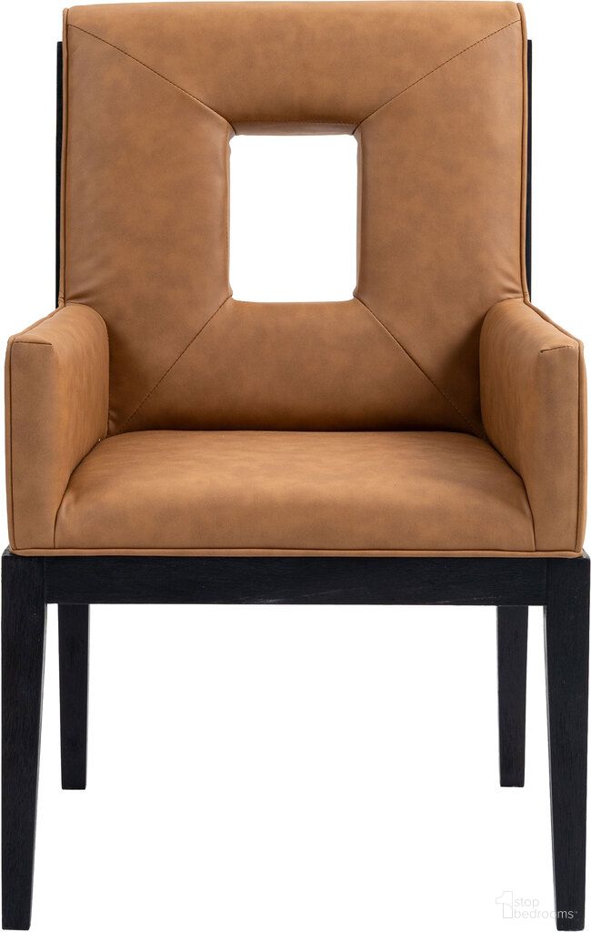 The appearance of Gwendolyn Vegan Leather Dining Arm Chair In Cognac and Black designed by Meridian in the transitional interior design. This cognac and black piece of furniture was selected by 1StopBedrooms from Gwendolyn Collection to add a touch of cosiness and style into your home. Sku: 11048Cognac-AC. Chair Type: Arm Chair. Material: Vegan Leather.