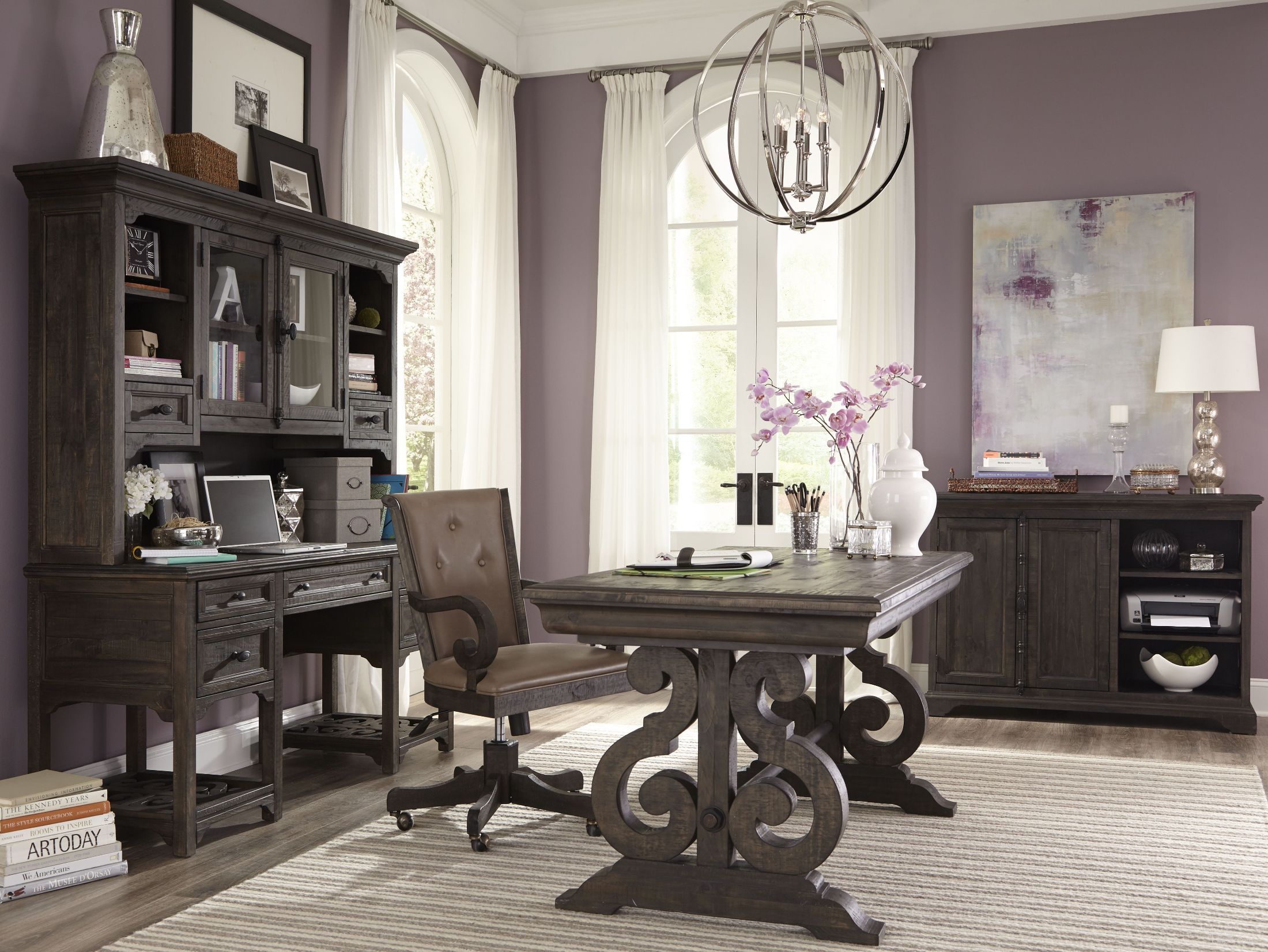 The appearance of Bellamy Deep Weathered Pine Writing Home Office Set designed by Magnussen in the transitional interior design. This gray piece of furniture  was selected by 1StopBedrooms from Bellamy Collection to add a touch of cosiness and style into your home. Sku: H2491-01T;H2491-01B;H2491-83. Material: Pine.