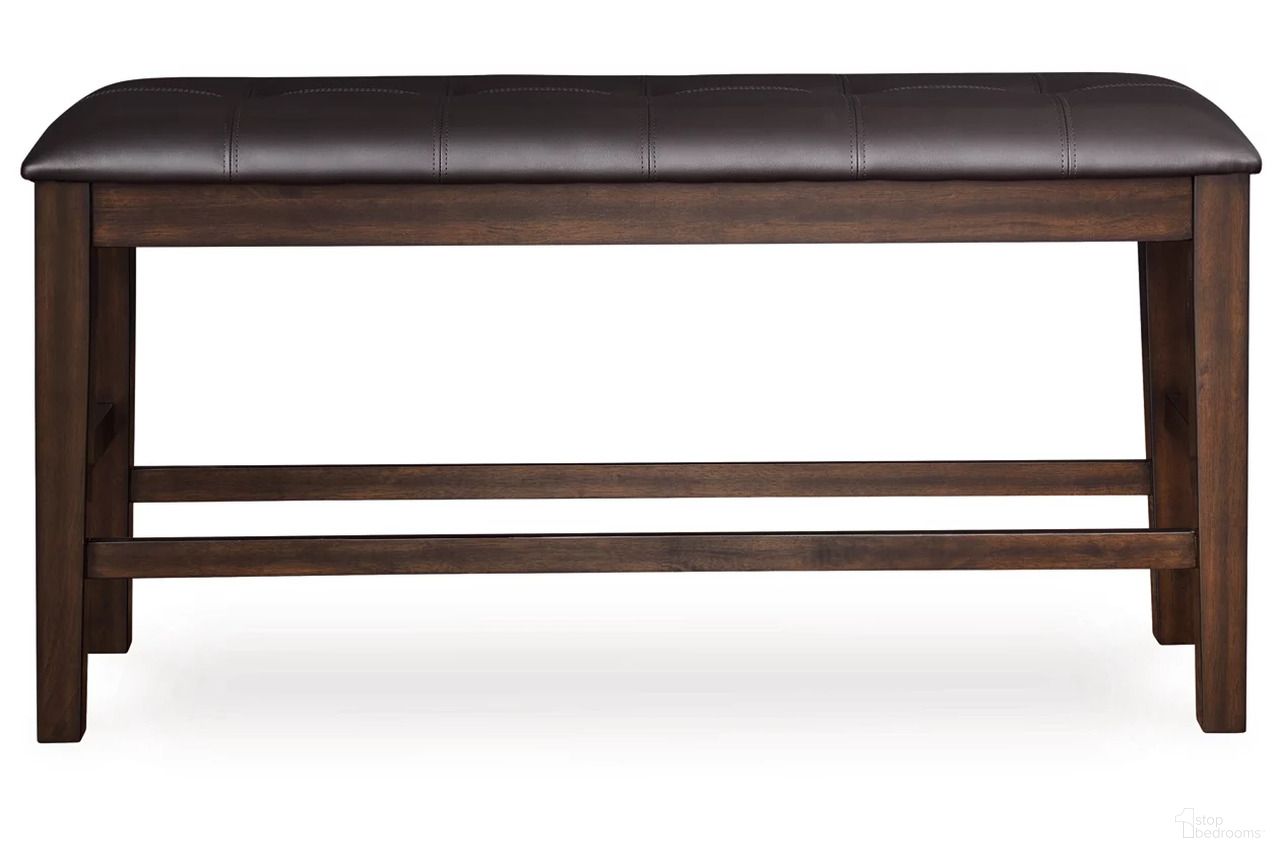 The appearance of Haddigan Counter Height Dining Bench In Dark Brown designed by Signature Design by Ashley in the transitional interior design. This dark brown piece of furniture was selected by 1StopBedrooms from Haddigan Collection to add a touch of cosiness and style into your home. Sku: D596-09. Material: Leather Match.