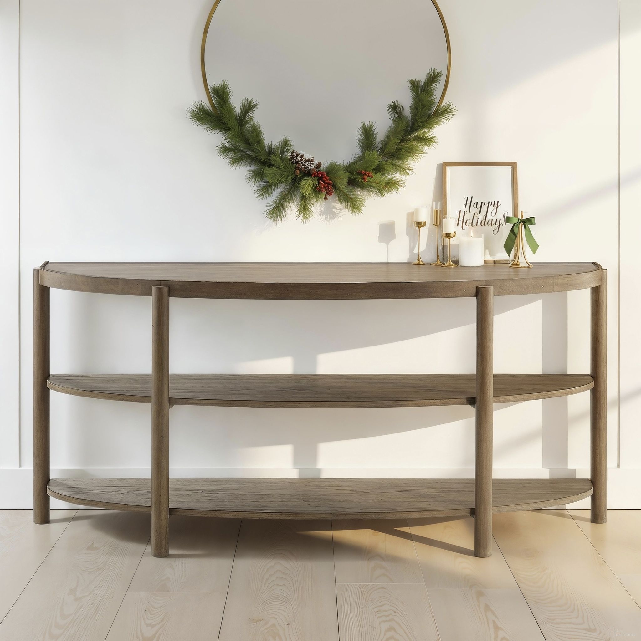 The appearance of Hadleigh Demilune Sofa Table designed by Magnussen in the transitional interior design. This brown piece of furniture  was selected by 1StopBedrooms from Hadleigh Collection to add a touch of cosiness and style into your home. Sku: T5558-75. Material: Oak Veneer.
