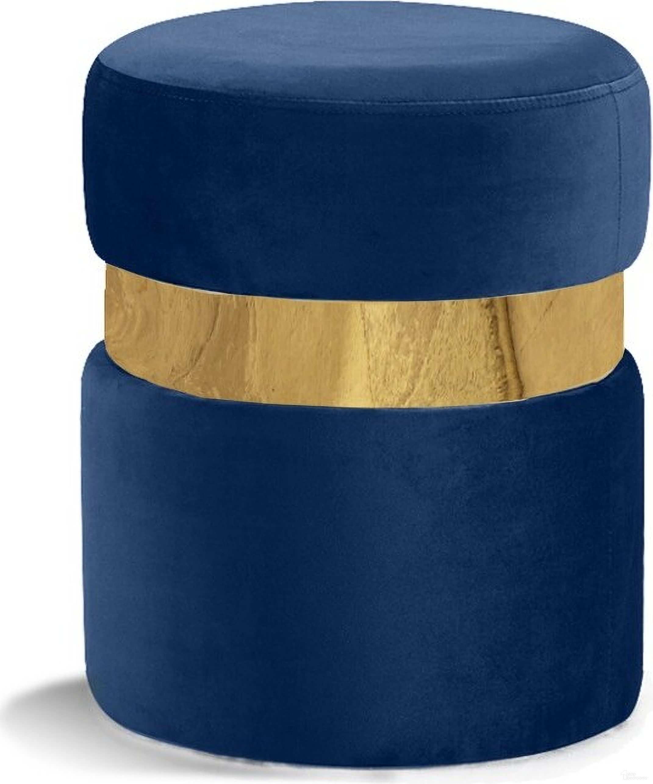 The appearance of Hailey Velvet Ottoman/Stool In Navy/Gold designed by Meridian in the modern / contemporary interior design. This navy piece of furniture was selected by 1StopBedrooms from Hailey Collection to add a touch of cosiness and style into your home. Sku: 132Navy. Material: Velvet.