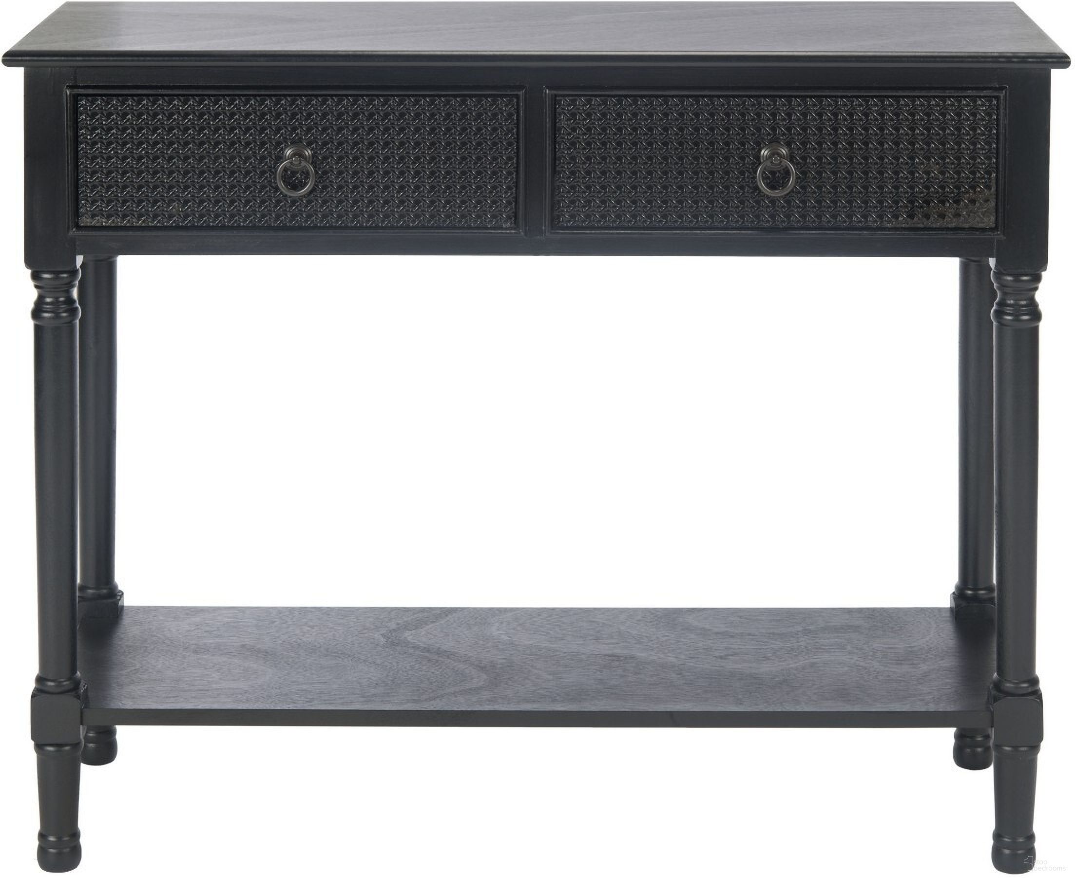 The appearance of Haines 2Drw Console Table in Black designed by Safavieh in the modern / contemporary interior design. This black piece of furniture  was selected by 1StopBedrooms from Haines Collection to add a touch of cosiness and style into your home. Sku: CNS5727A. Material: Wood.