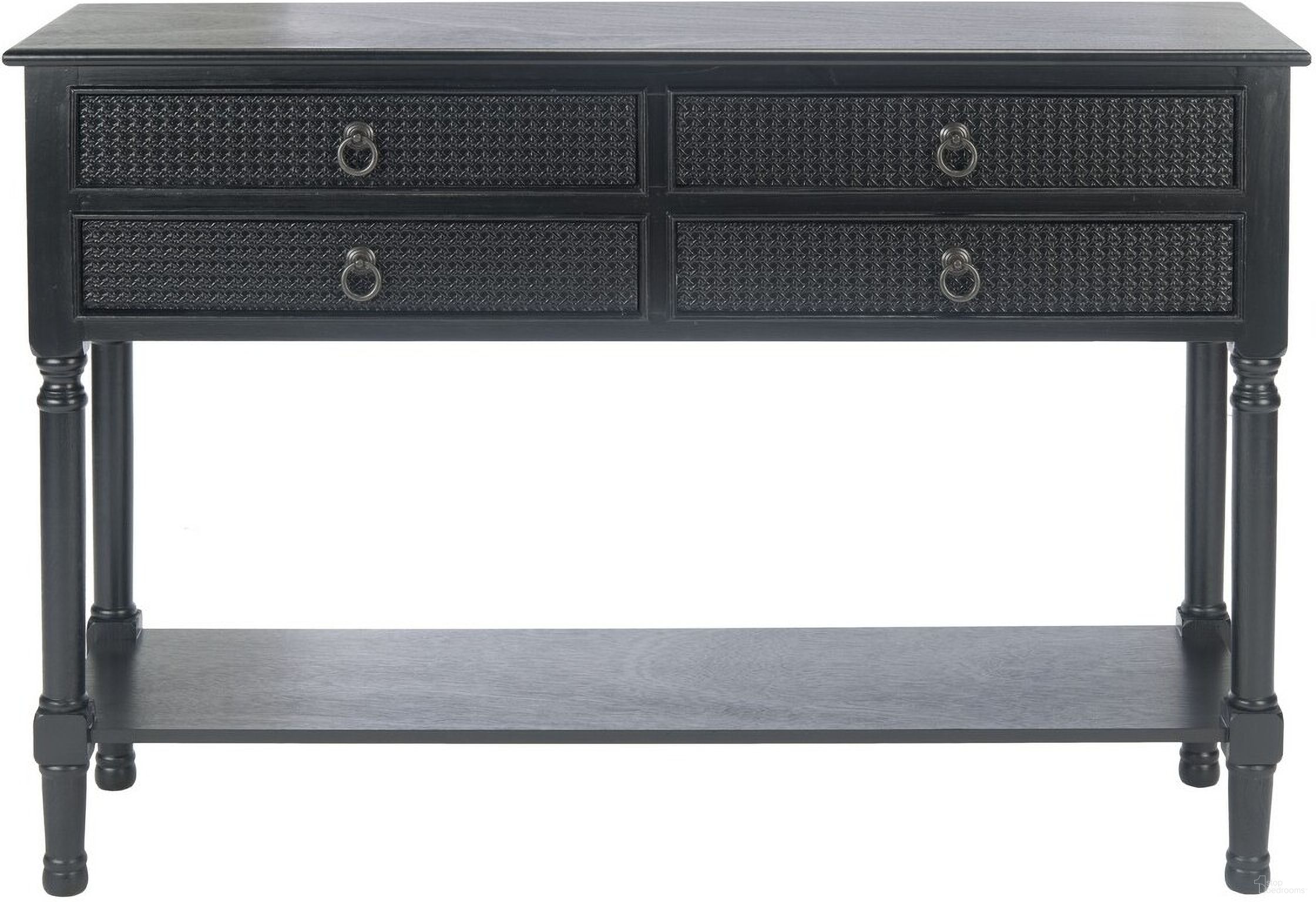 The appearance of Haines 4Drw Console Table in Black designed by Safavieh in the modern / contemporary interior design. This black piece of furniture  was selected by 1StopBedrooms from Haines Collection to add a touch of cosiness and style into your home. Sku: CNS5728A. Material: Wood.