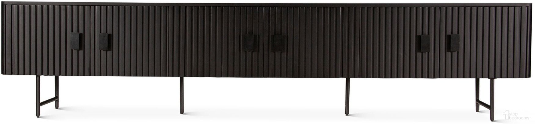 The appearance of Halden 98 Inch Plasma Cabinet In Matte Black designed by Home Trends and Design in the transitional interior design. This matte black piece of furniture  was selected by 1StopBedrooms from Halden Collection to add a touch of cosiness and style into your home. Sku: ZWHALPC98BLK. Material: Mango Wood.