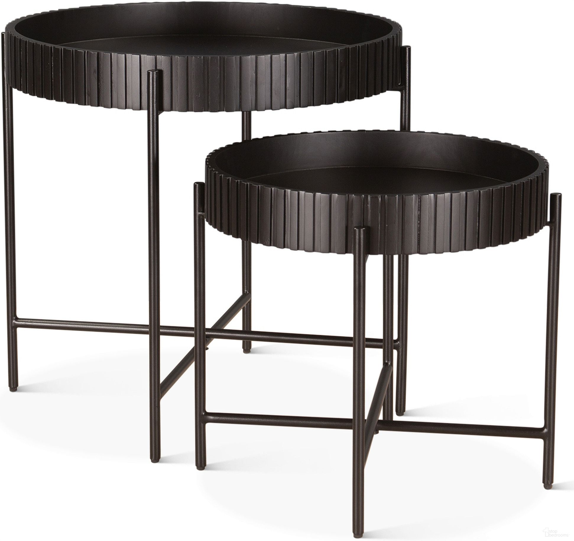 The appearance of Halden Nesting Tray Tables In Matte Black designed by Home Trends and Design in the transitional interior design. This matte black piece of furniture  was selected by 1StopBedrooms from Halden Collection to add a touch of cosiness and style into your home. Sku: ZWHALNT29BLK. Material: Mango Wood.