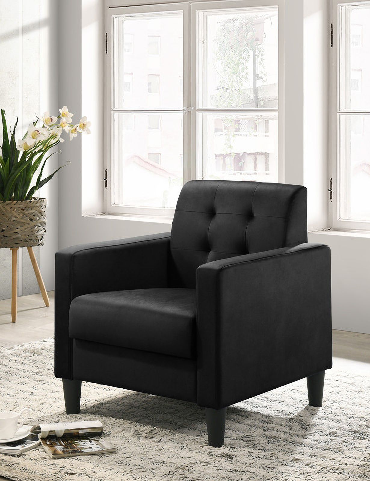 The appearance of Hale 27.5 Inch Velvet Accent Armchair with Tufting In Black designed by Lilola Home in the modern / contemporary interior design. This black piece of furniture  was selected by 1StopBedrooms from Hale Collection to add a touch of cosiness and style into your home. Sku: 89005BK. Material: Velvet.