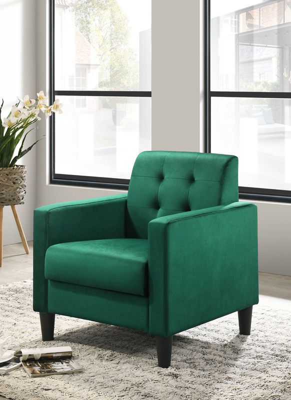 The appearance of Hale 27.5 Inch Velvet Accent Armchair with Tufting In Green designed by Lilola Home in the modern / contemporary interior design. This green piece of furniture was selected by 1StopBedrooms from Hale Collection to add a touch of cosiness and style into your home. Sku: 89005GN. Material: Velvet.
