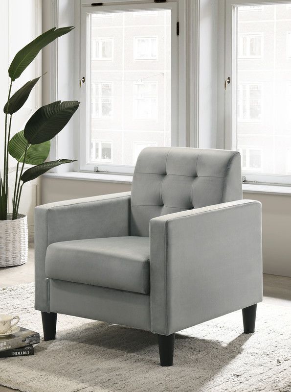 The appearance of Hale 27.5 Inch Velvet Accent Armchair with Tufting In Light Gray designed by Lilola Home in the modern / contemporary interior design. This light gray piece of furniture was selected by 1StopBedrooms from Hale Collection to add a touch of cosiness and style into your home. Sku: 89005GY. Material: Velvet.