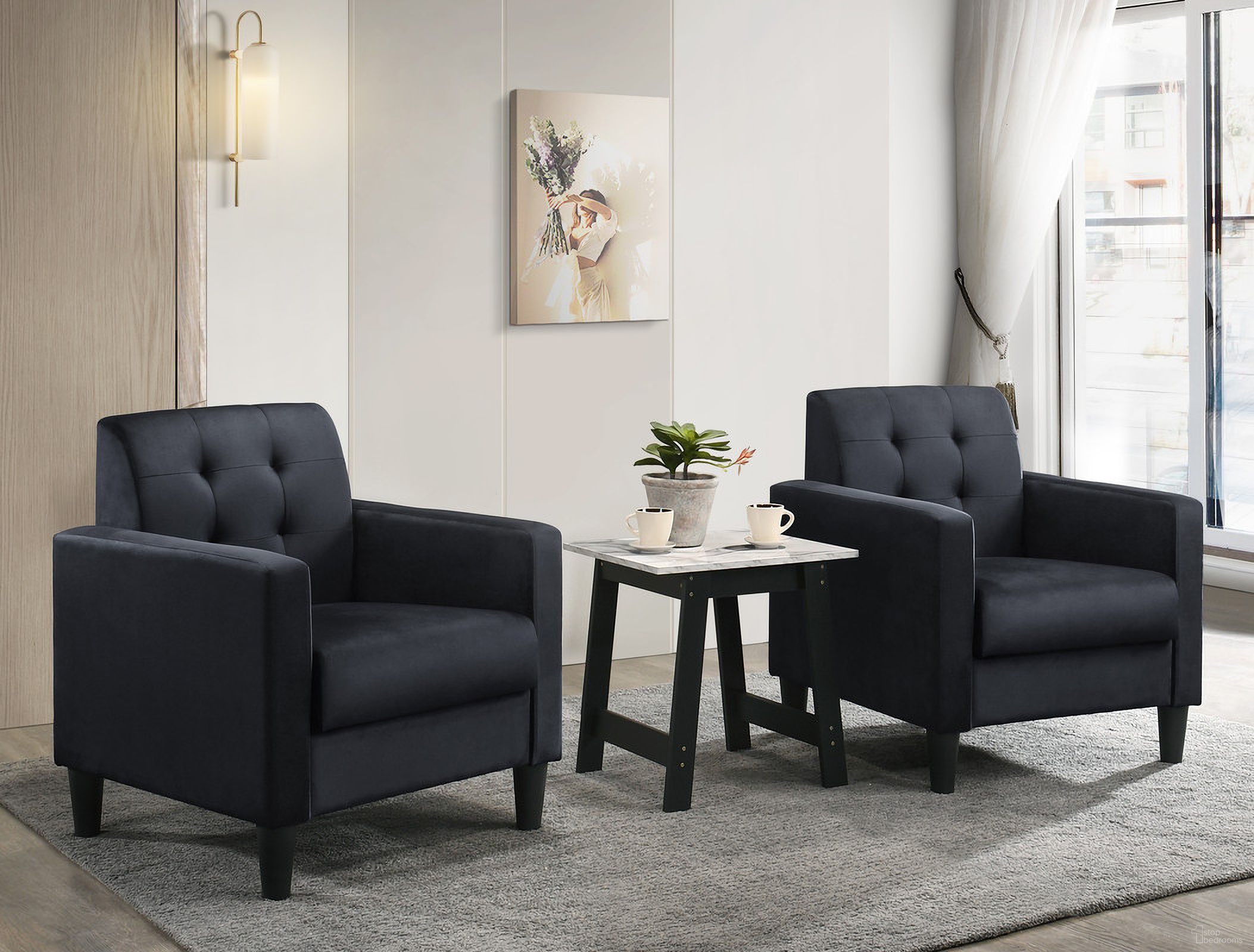 The appearance of Hale Velvet Armchairs and End Table Living Room Set In Black designed by Lilola Home in the modern / contemporary interior design. This black piece of furniture  was selected by 1StopBedrooms from Hale Collection to add a touch of cosiness and style into your home. Sku: 89005BK;89005BK;98500. Material: Velvet.
