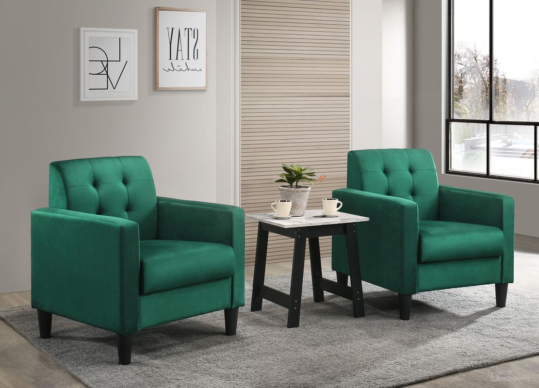 The appearance of Hale Velvet Armchairs and End Table Living Room Set In Green designed by Lilola Home in the modern / contemporary interior design. This green piece of furniture  was selected by 1StopBedrooms from Hale Collection to add a touch of cosiness and style into your home. Sku: 89005GN;89005GN;98500. Material: Velvet.