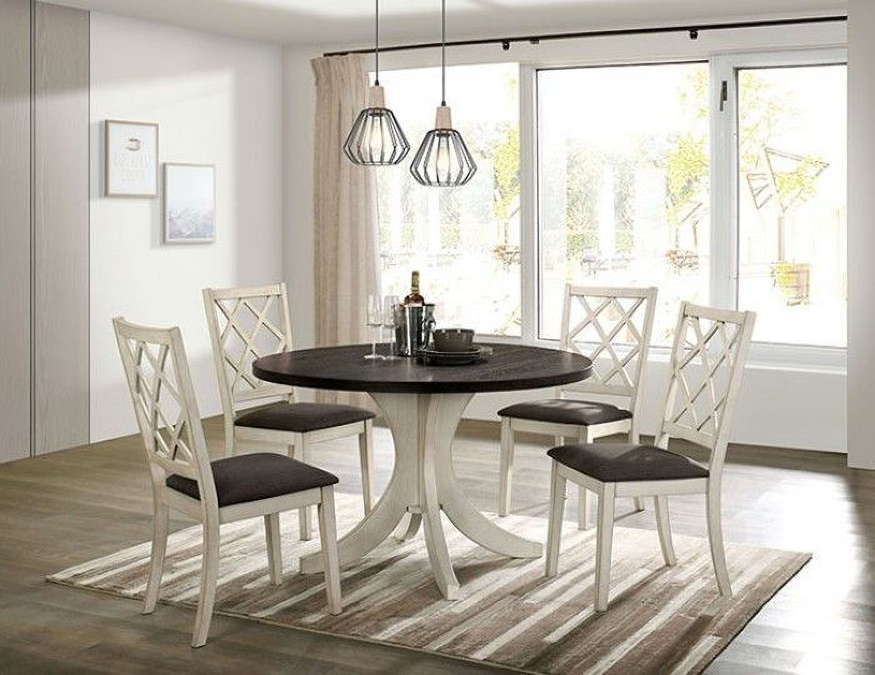 The appearance of Haleigh Antique White And Dark Walnut Round Dining Room Set designed by Furniture of America in the transitional interior design. This white and brown piece of furniture was selected by 1StopBedrooms from Haleigh Collection to add a touch of cosiness and style into your home. Sku: CM3491RT-1;CM3491RT-2;CM3491SC-2PK. Table Base Style: Pedestal. Material: Wood. Size: 47".