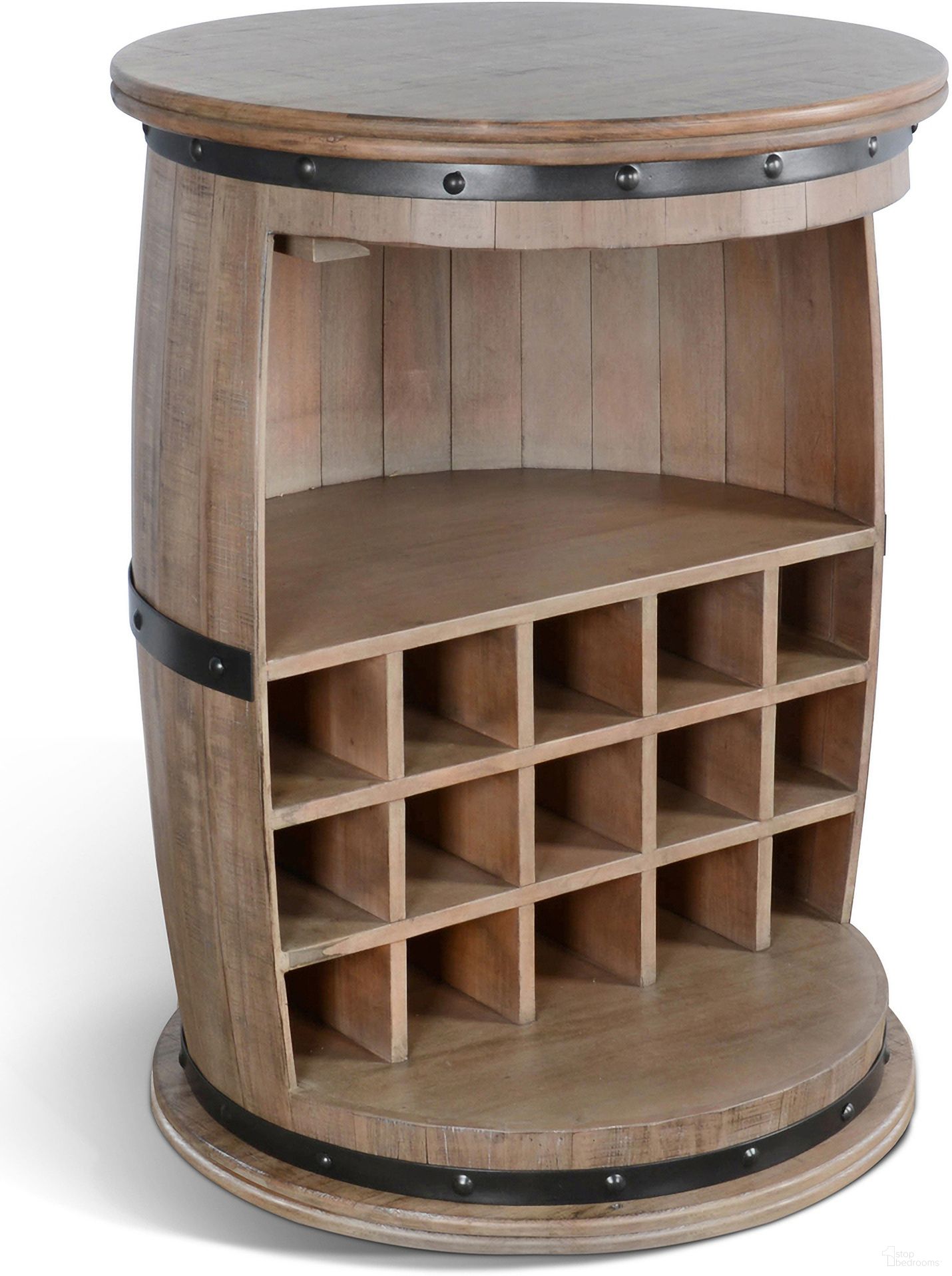 The appearance of Half Barrel Wine Bar with Metal Accents In Natural designed by Sunny Designs in the rustic / southwestern interior design. This desert rock piece of furniture  was selected by 1StopBedrooms from 2096 Collection to add a touch of cosiness and style into your home. Sku: 2096DR. Material: Solid Wood.