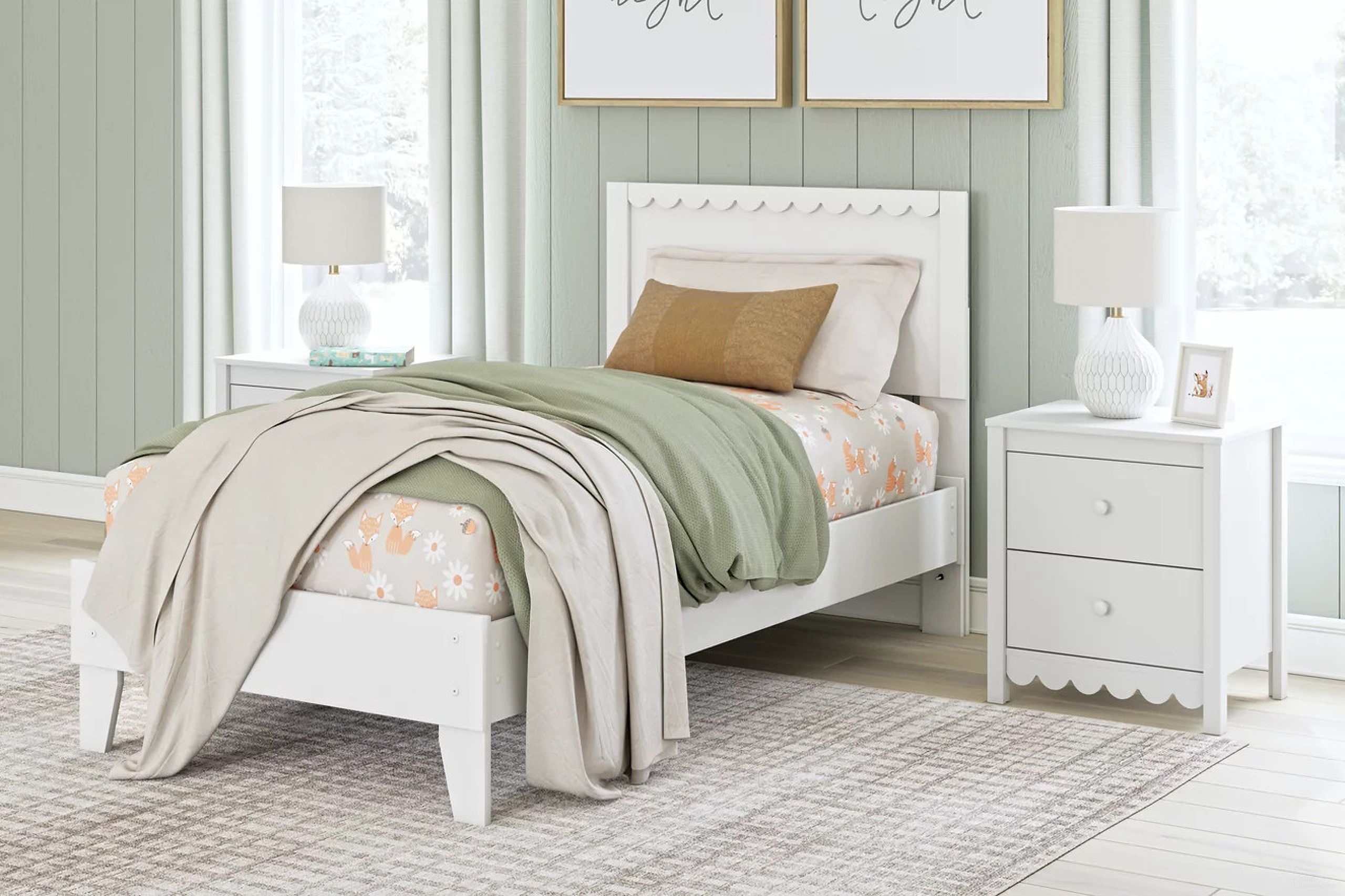The appearance of Hallityn Youth Panel Platform Bedroom Set In White designed by Signature Design by Ashley in the transitional interior design. This white piece of furniture  was selected by 1StopBedrooms from Hallityn Collection to add a touch of cosiness and style into your home. Sku: EB1810-111;EB1810-155;EB1810-292. Bed Type: Platform Bed. Material: Wood. Bed Size: Twin.